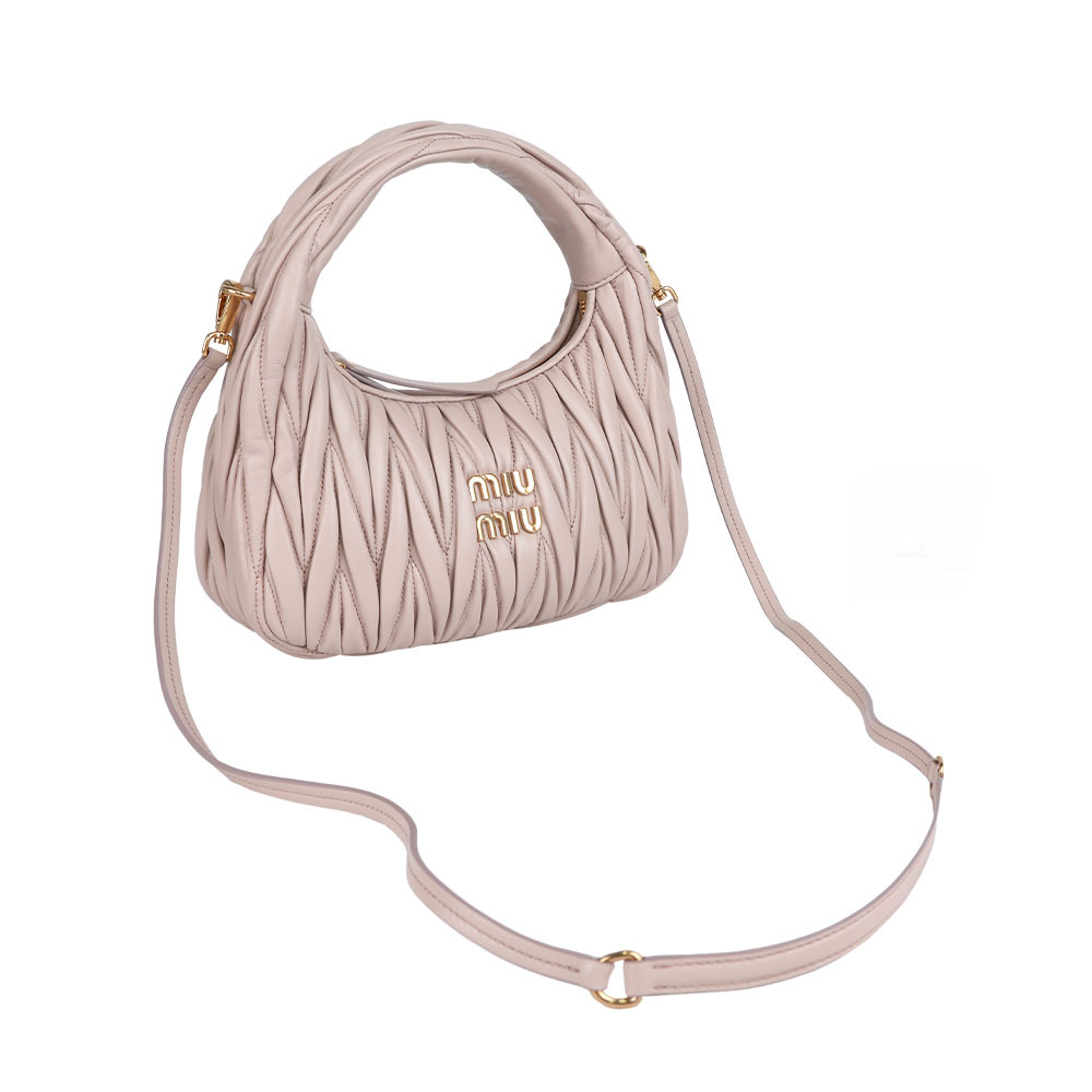 【MIU MIU】Wander Hobo 抓皺納帕皮革半月包/二用包(粉紅色) 5BC125_AN88_F0236