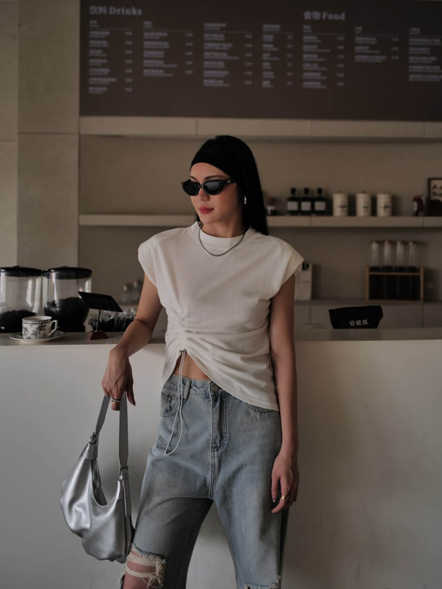 飛飛袖側抓皺綁帶墊肩上衣*3色