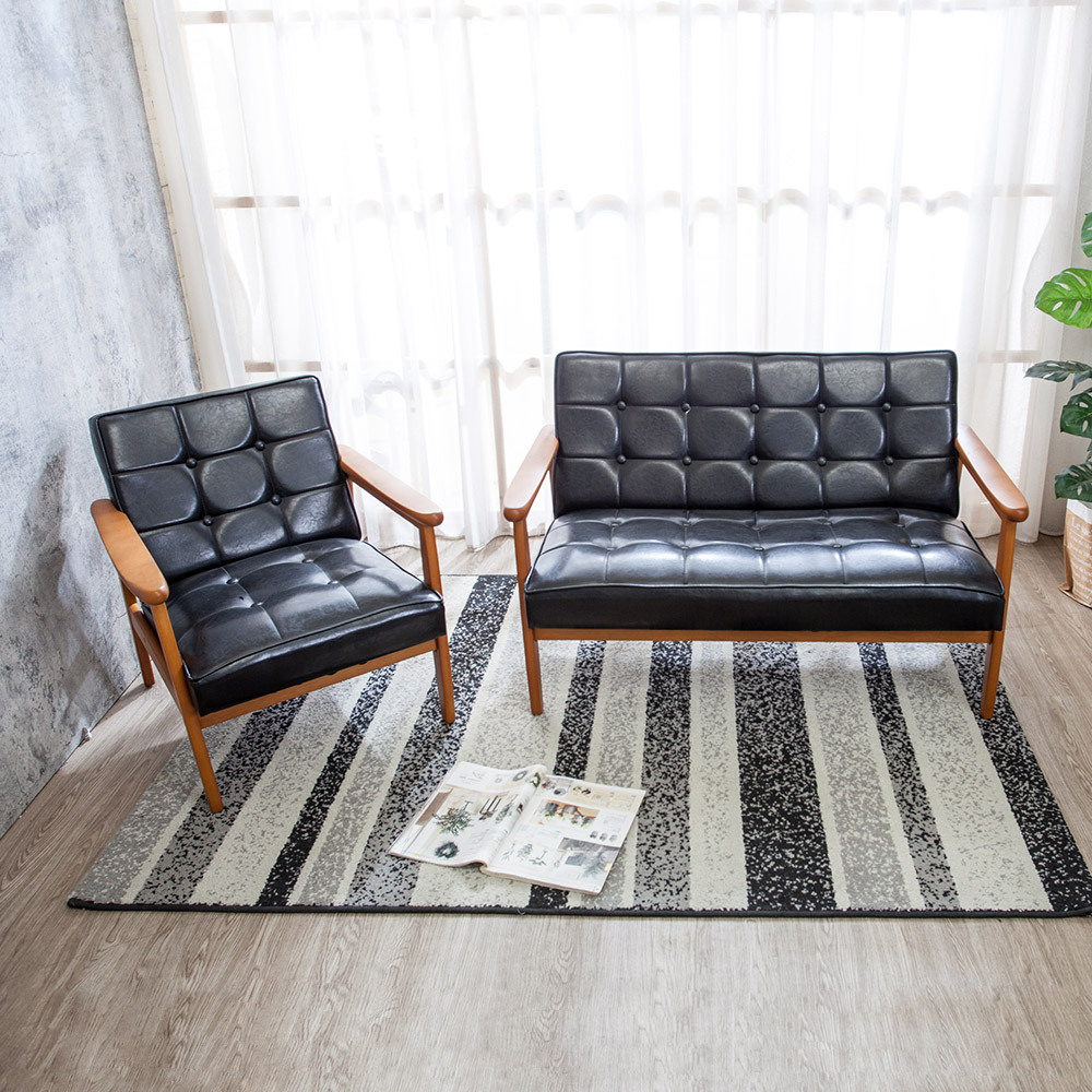 布蘭頓實木黑色皮沙發椅組合(1人+2人)