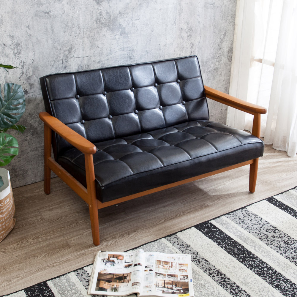 布蘭頓實木黑色皮沙發雙人椅/二人座