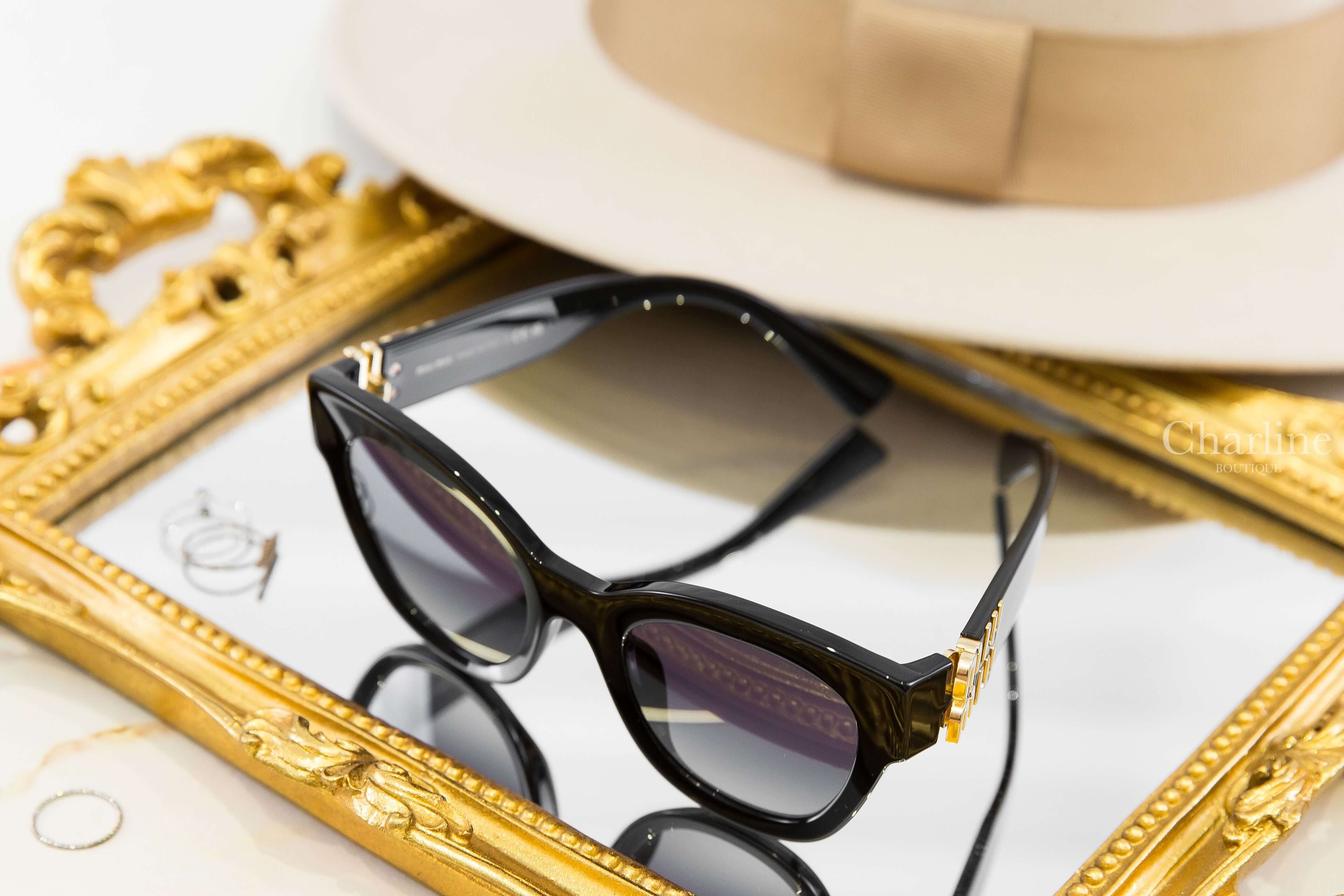Miu Miu Sunglasses 黑色圓框漸層黑色鏡片側邊金色字母太陽眼鏡-Charline Boutique 精品代購