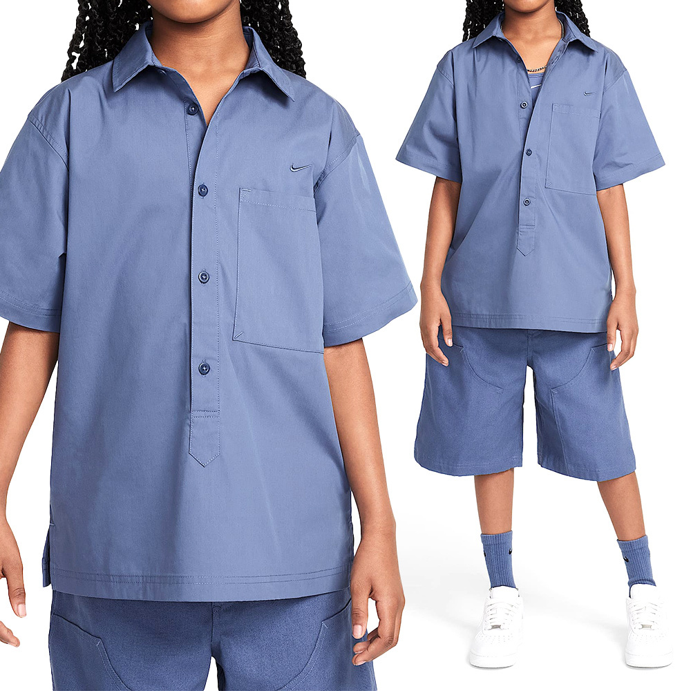 Nike Metro Grnd SS Top 大童 童裝 藍色 寬鬆 上衣 襯衫 短袖 HF8054-491