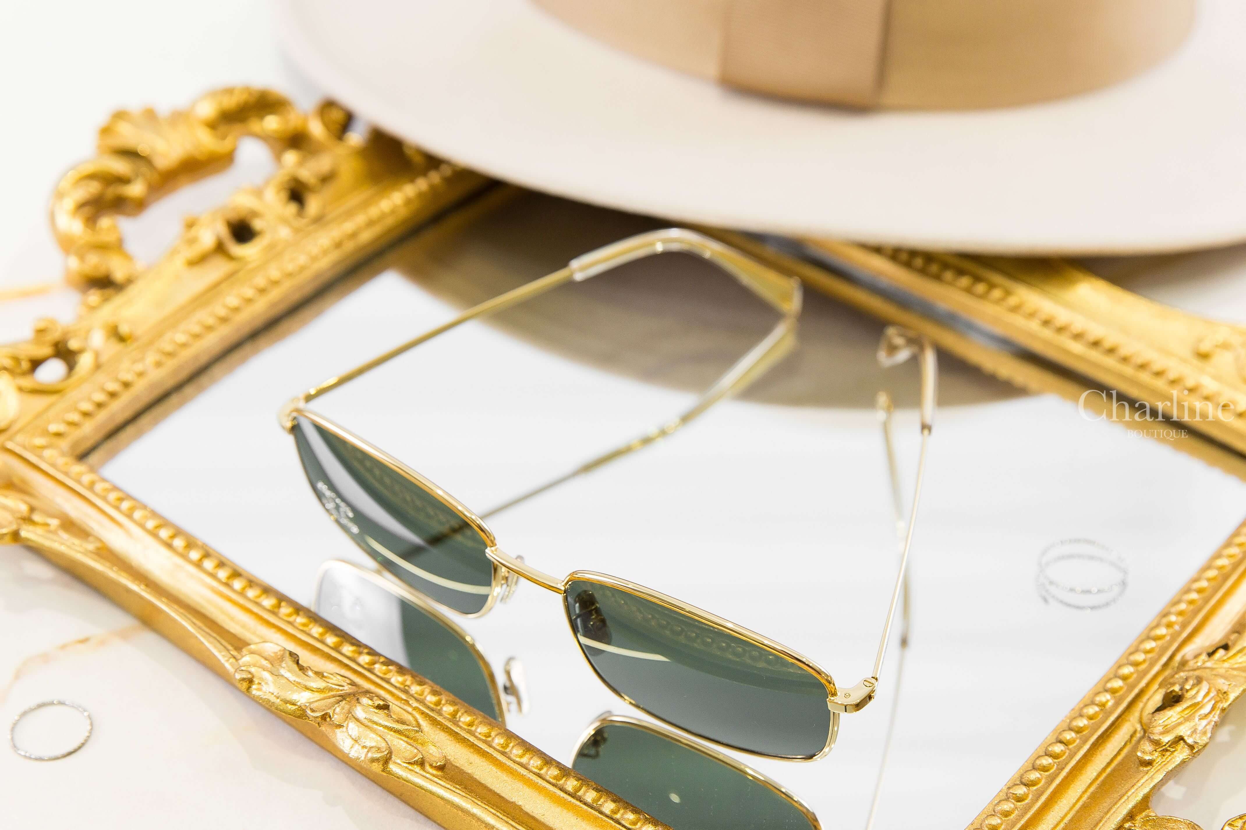 Celine Triomphe Rhinestone 02 Sunglasses In Metal With Crystals 金色金屬方框綠色鏡片水鑽凱旋門太陽眼鏡附棕褐色肩背包兩件組-Charline Boutique 精品代購