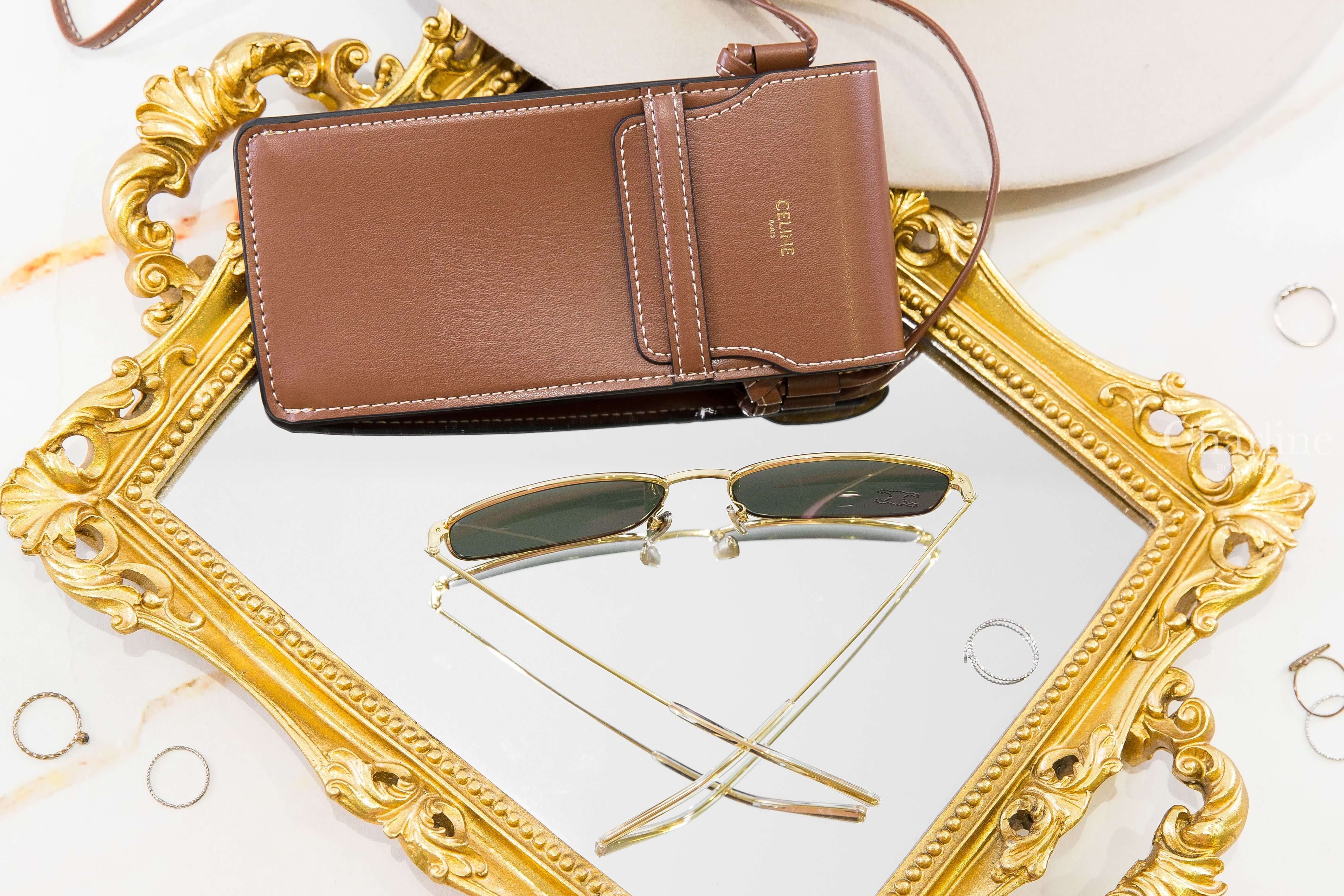 Celine Triomphe Rhinestone 02 Sunglasses In Metal With Crystals 金色金屬方框綠色鏡片水鑽凱旋門太陽眼鏡附棕褐色肩背包兩件組-Charline Boutique 精品代購