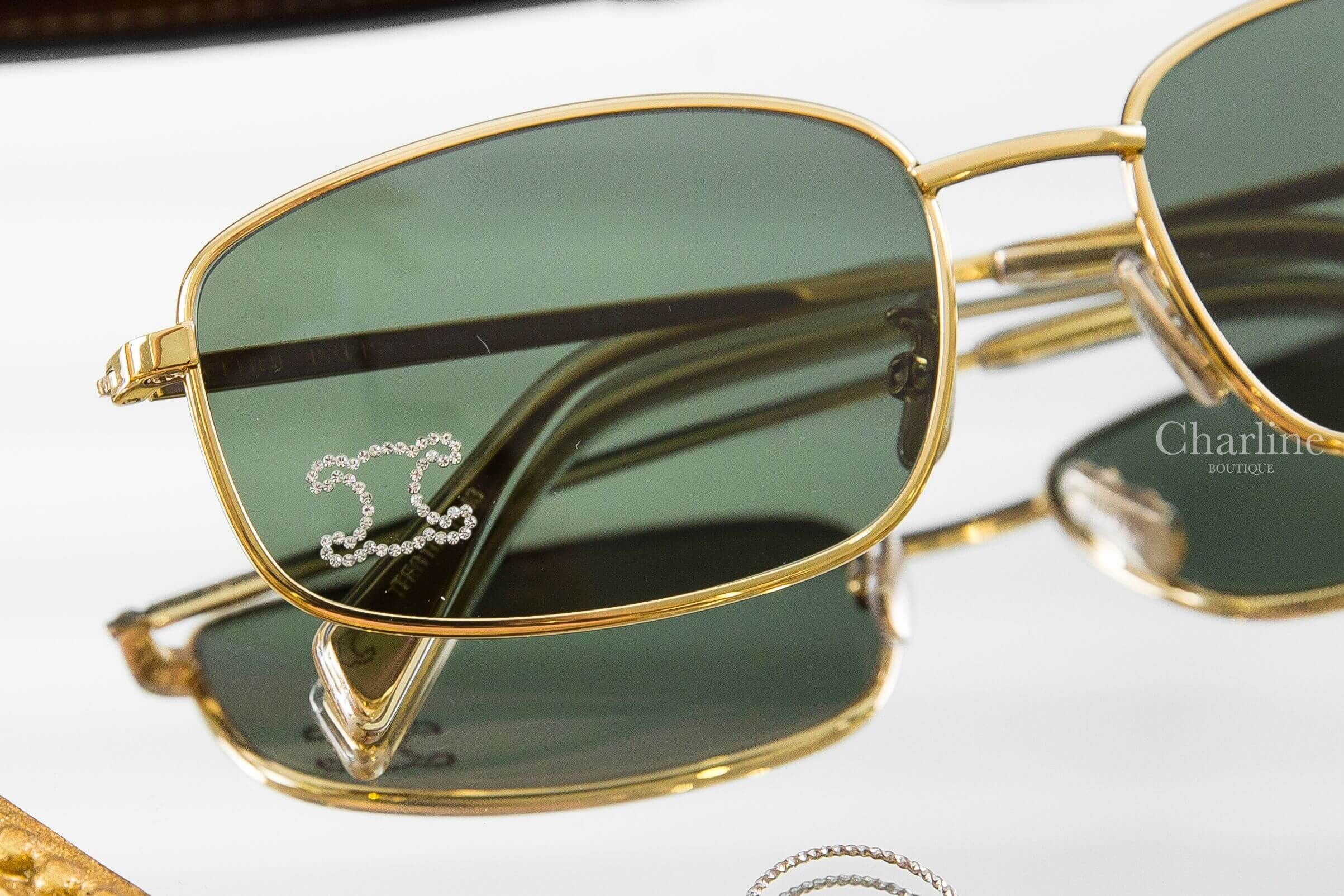 Celine Triomphe Rhinestone 02 Sunglasses In Metal With Crystals 金色金屬方框綠色鏡片水鑽凱旋門太陽眼鏡附棕褐色肩背包兩件組