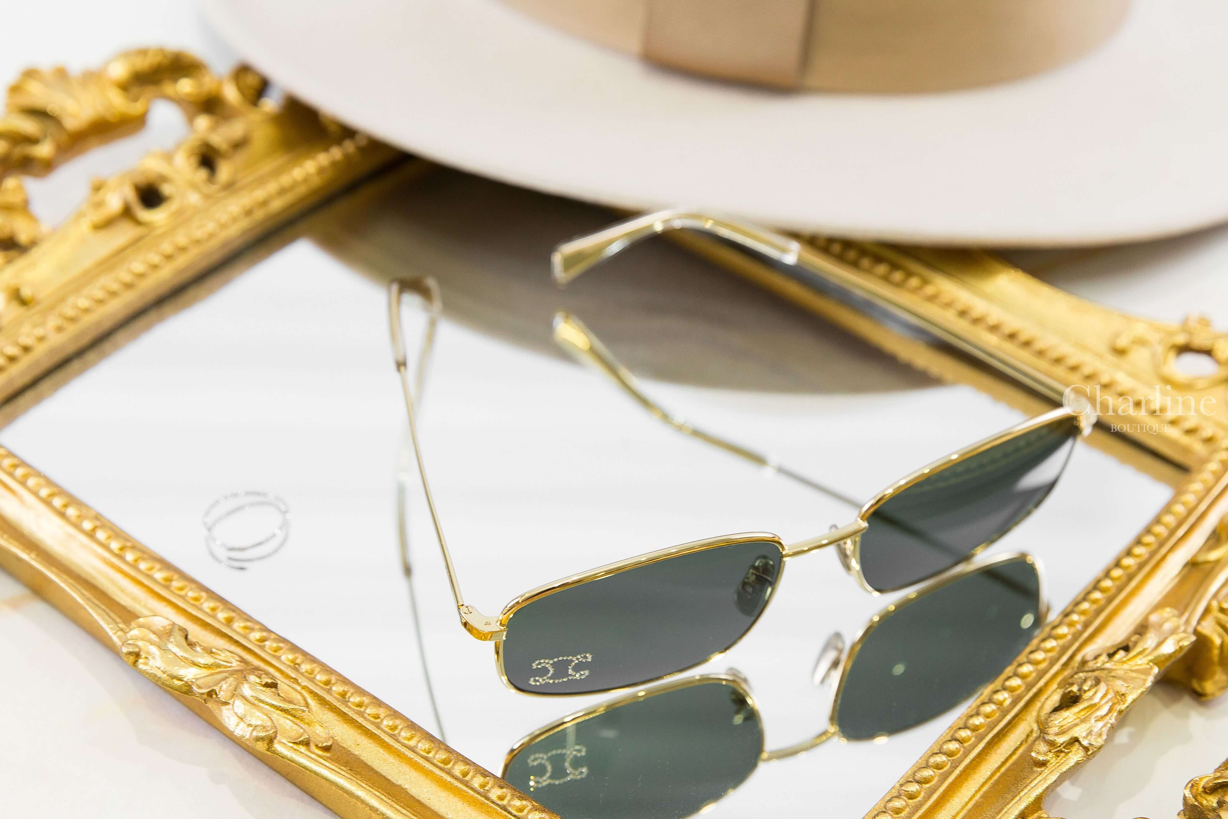 Celine Triomphe Rhinestone 02 Sunglasses In Metal With Crystals 金色金屬方框綠色鏡片水鑽凱旋門太陽眼鏡附棕褐色肩背包兩件組-Charline Boutique 精品代購