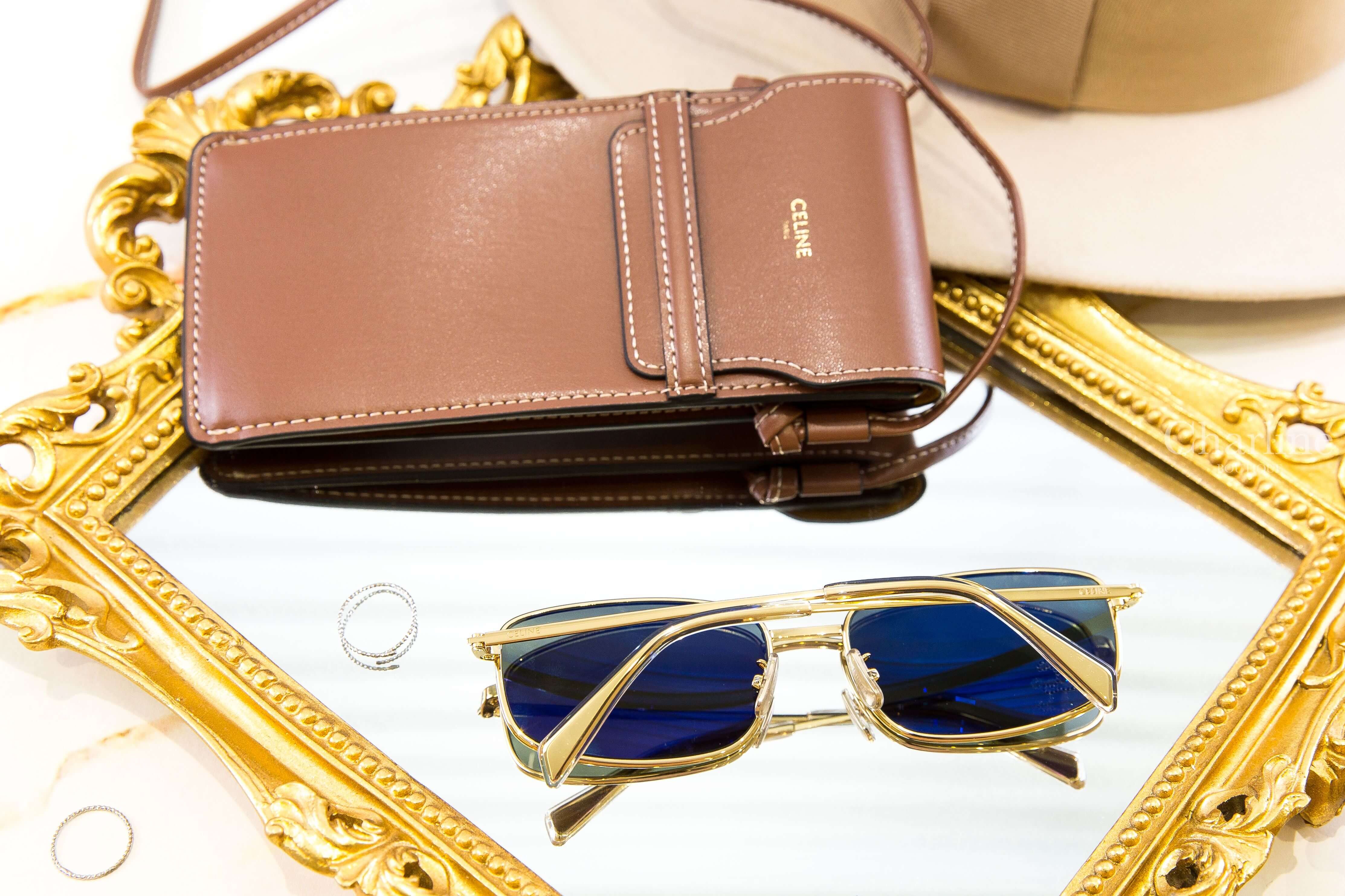 Celine Triomphe Rhinestone 02 Sunglasses In Metal With Crystals 金色金屬方框綠色鏡片水鑽凱旋門太陽眼鏡附棕褐色肩背包兩件組-Charline Boutique 精品代購