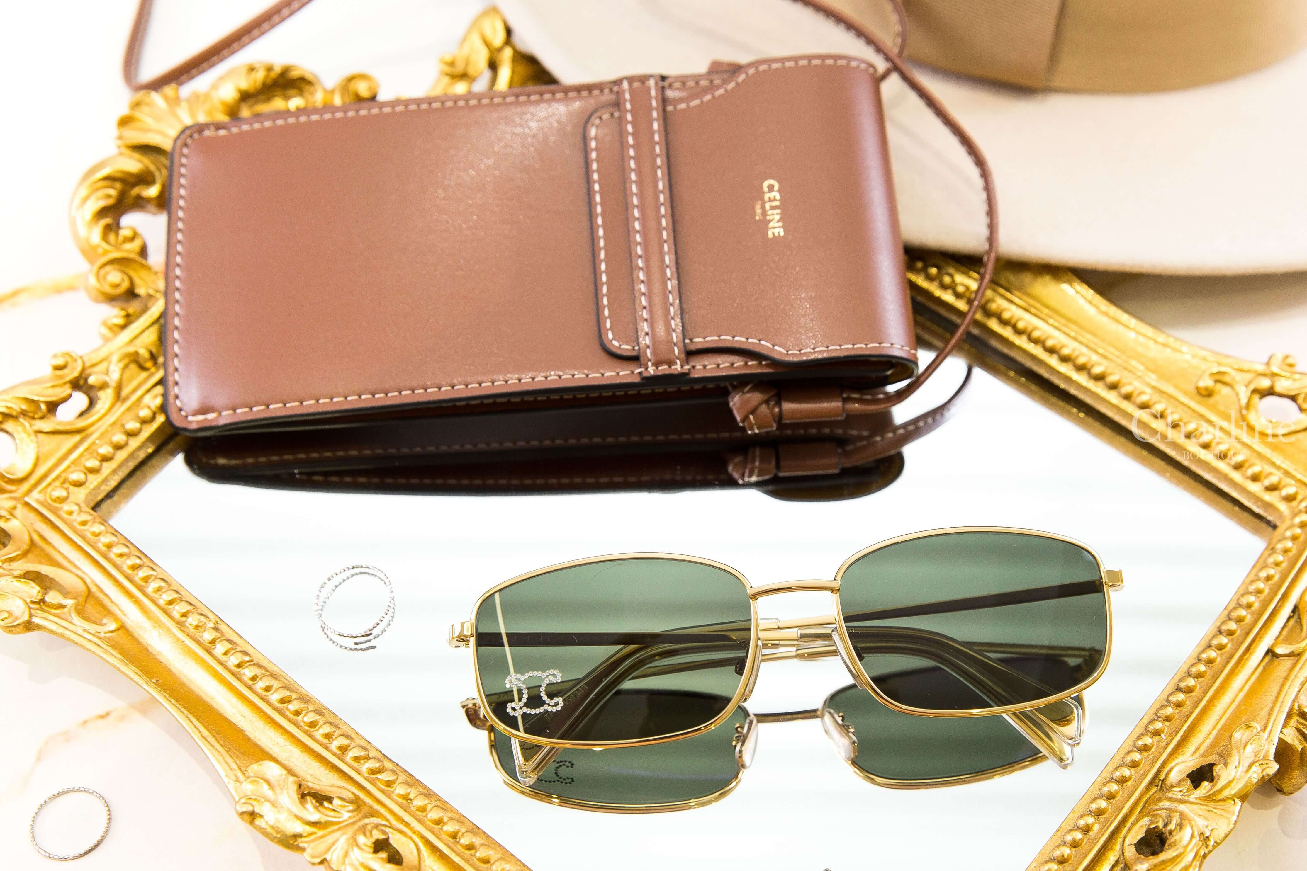 Celine Triomphe Rhinestone 02 Sunglasses In Metal With Crystals 金色金屬方框綠色鏡片水鑽凱旋門太陽眼鏡附棕褐色肩背包兩件組