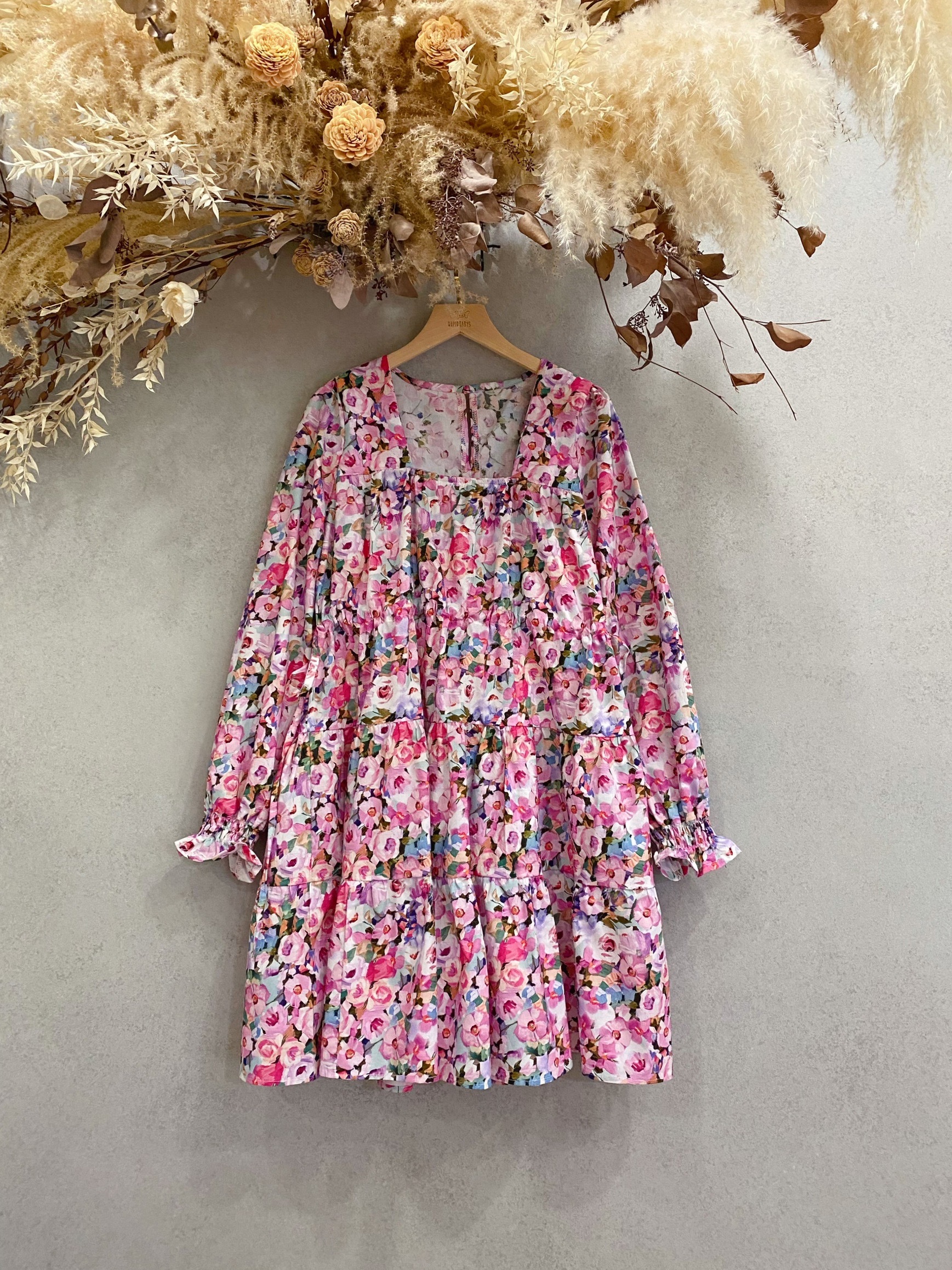 粉立體油畫花卉 媽咪凡爾賽長袖短洋裝