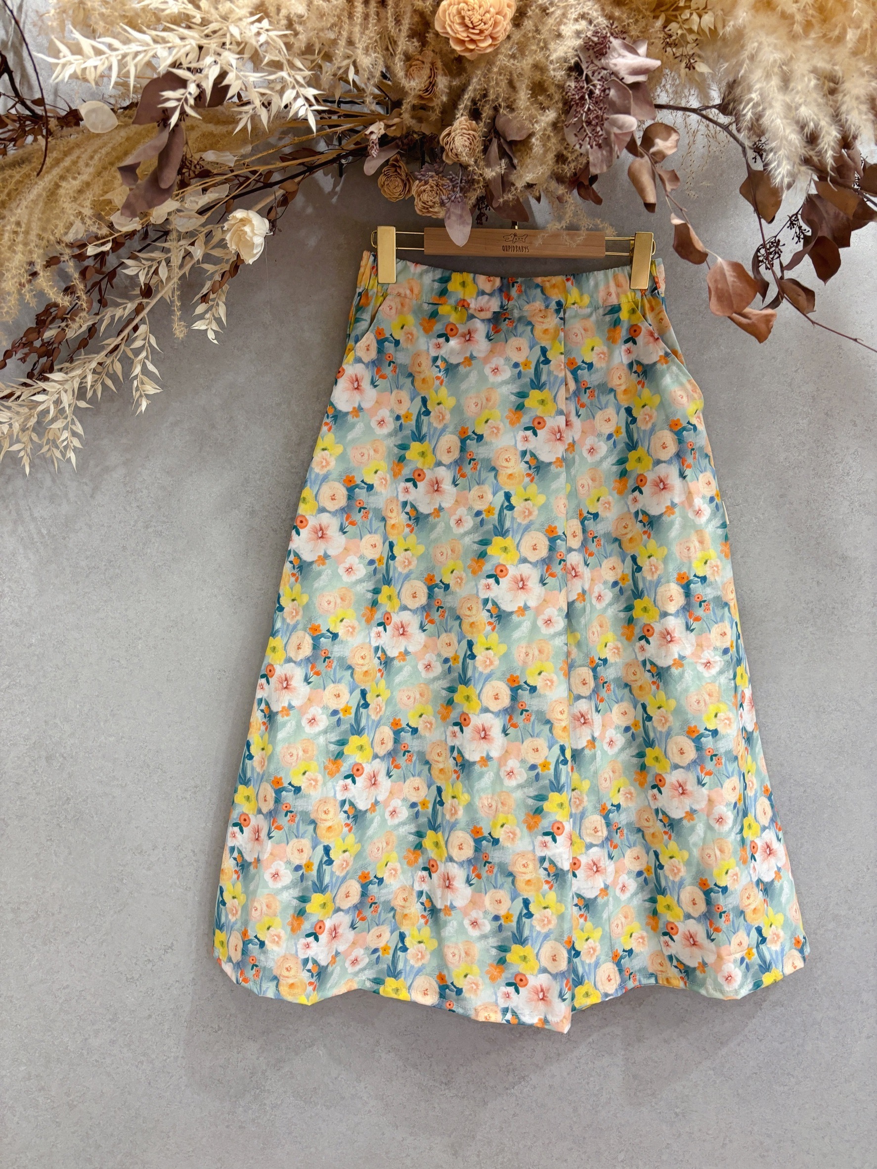 藍油畫花 媽咪大圓褲裙