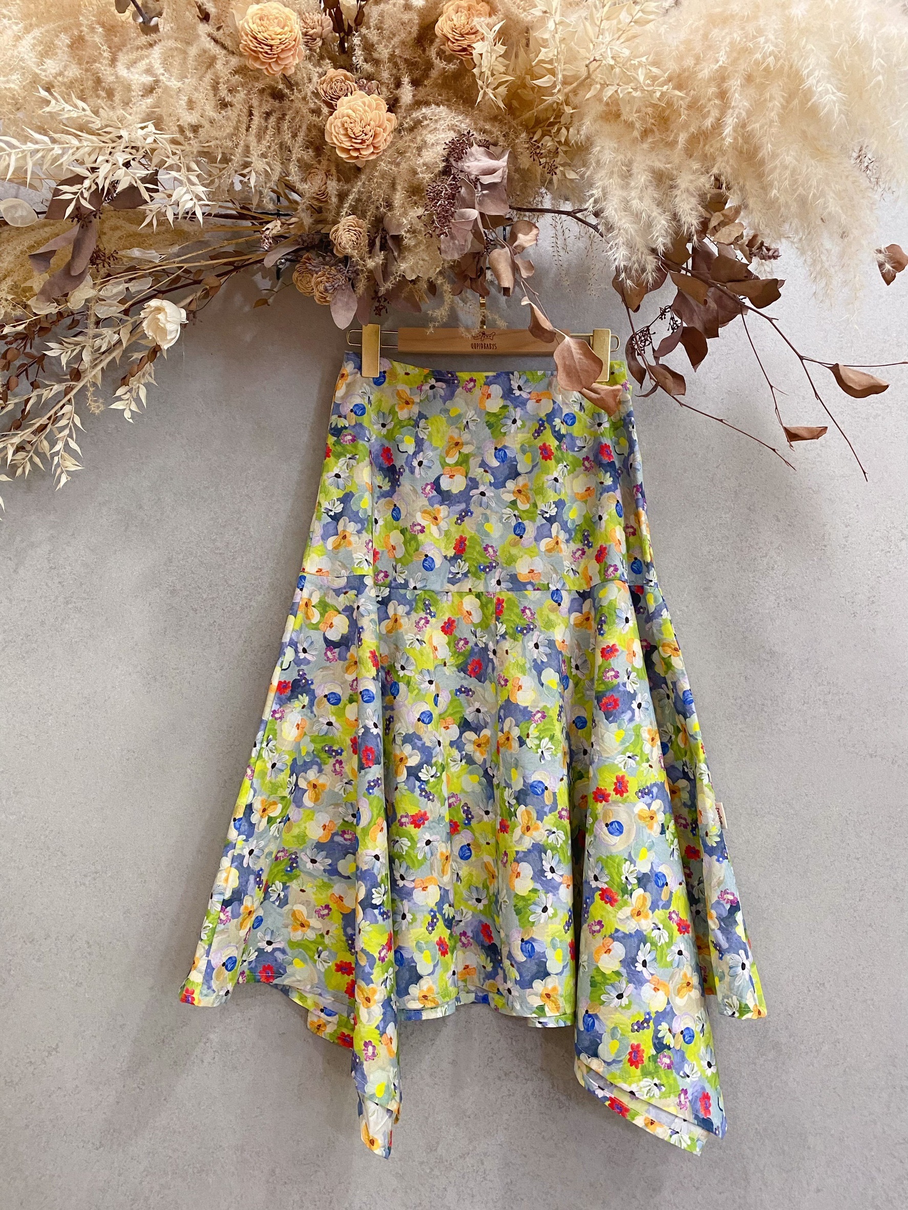 綠碎花 媽咪不規則長裙(S)