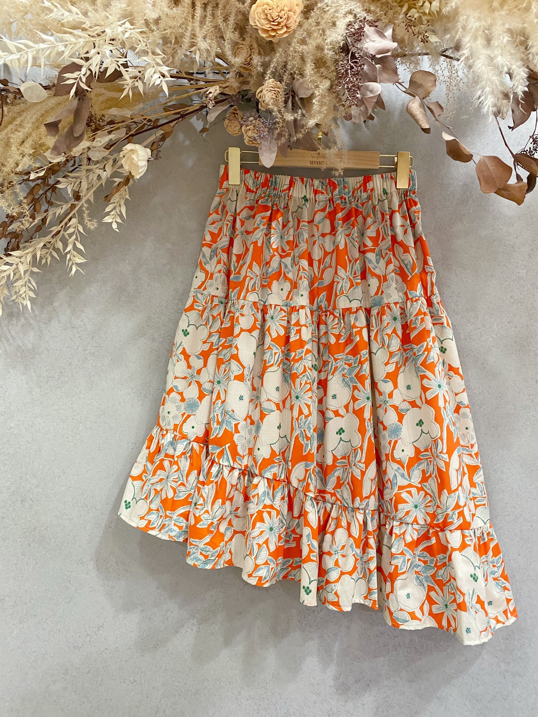 橘底藍線花 媽咪蛋糕長裙