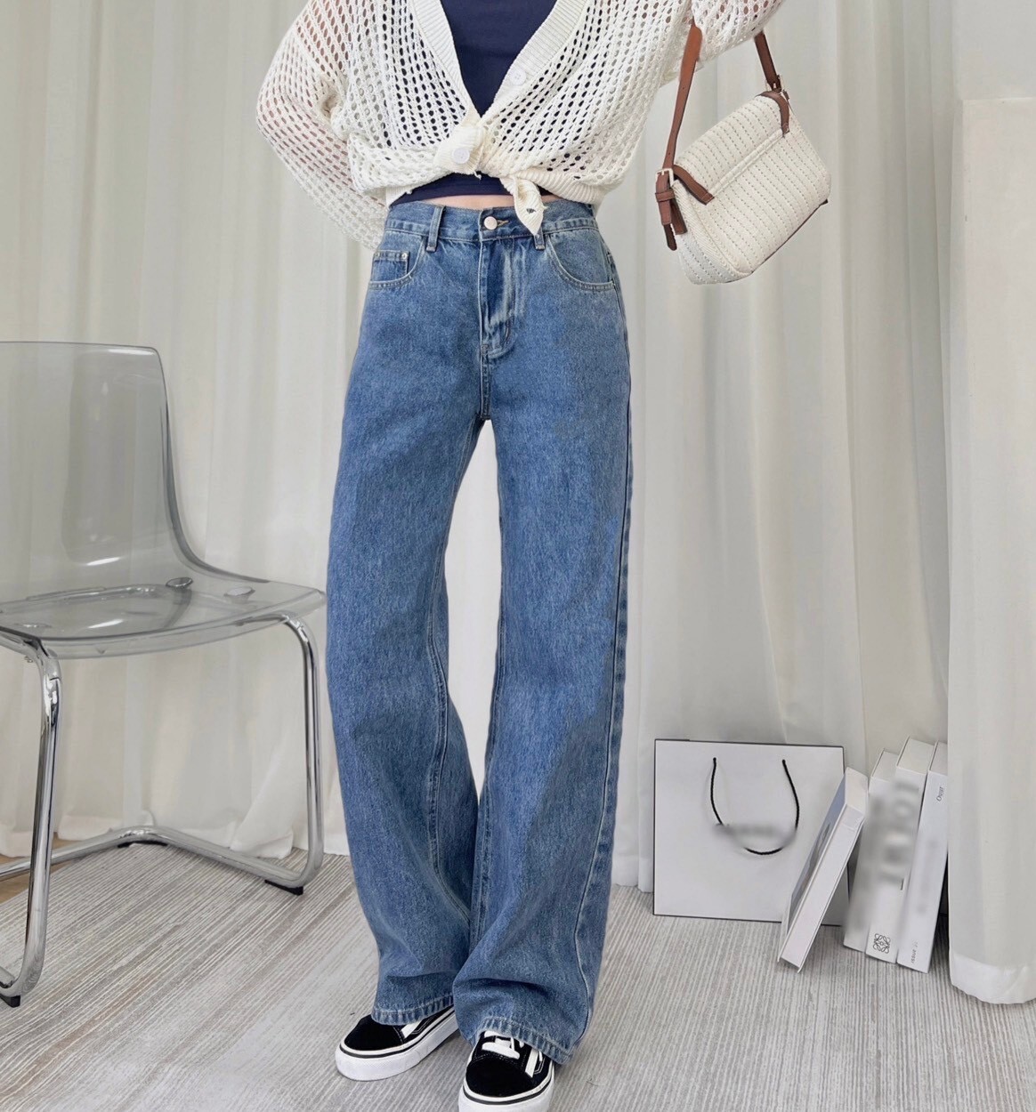 彈力牛仔直筒寬褲 9898