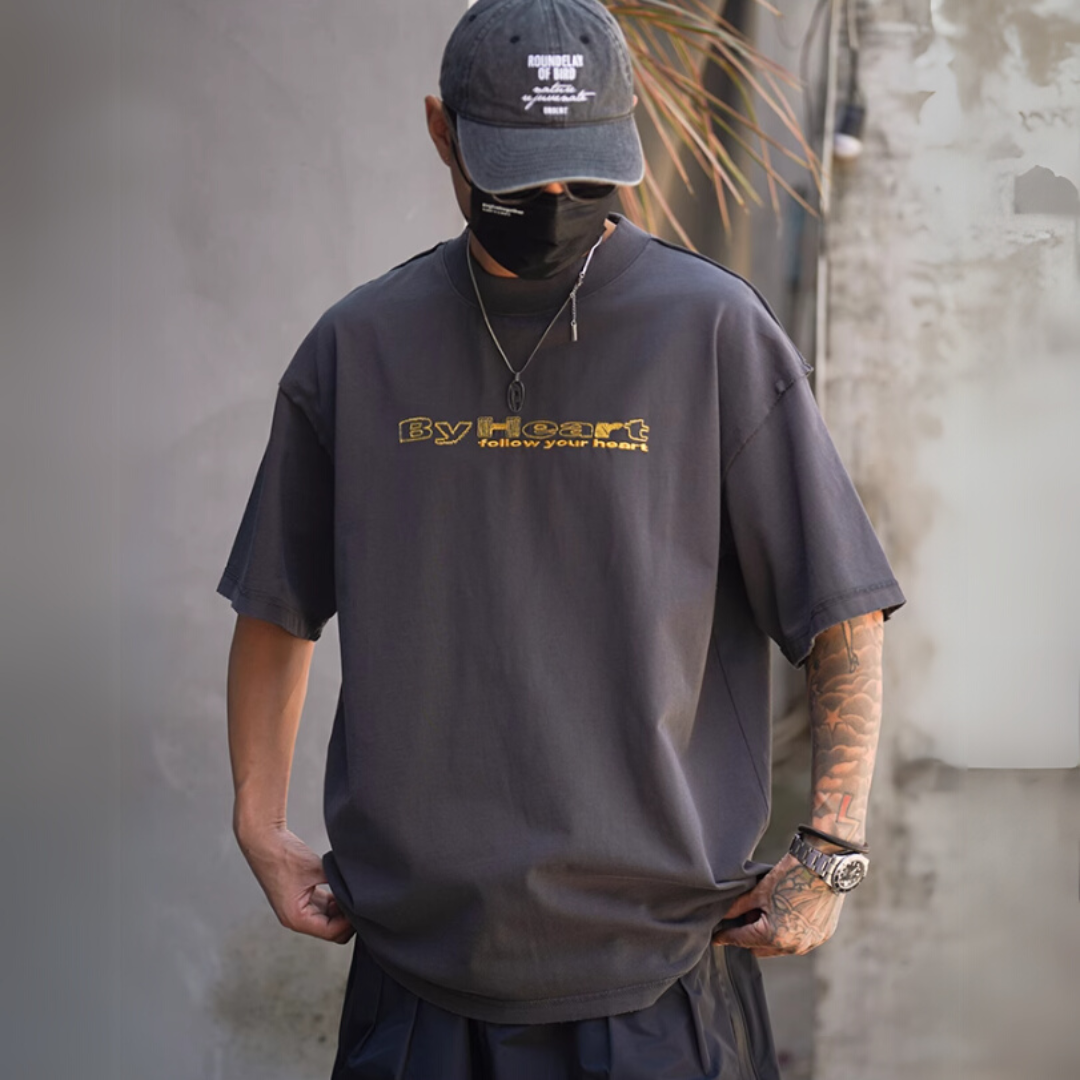 做舊磨破刺繡字母短袖T恤