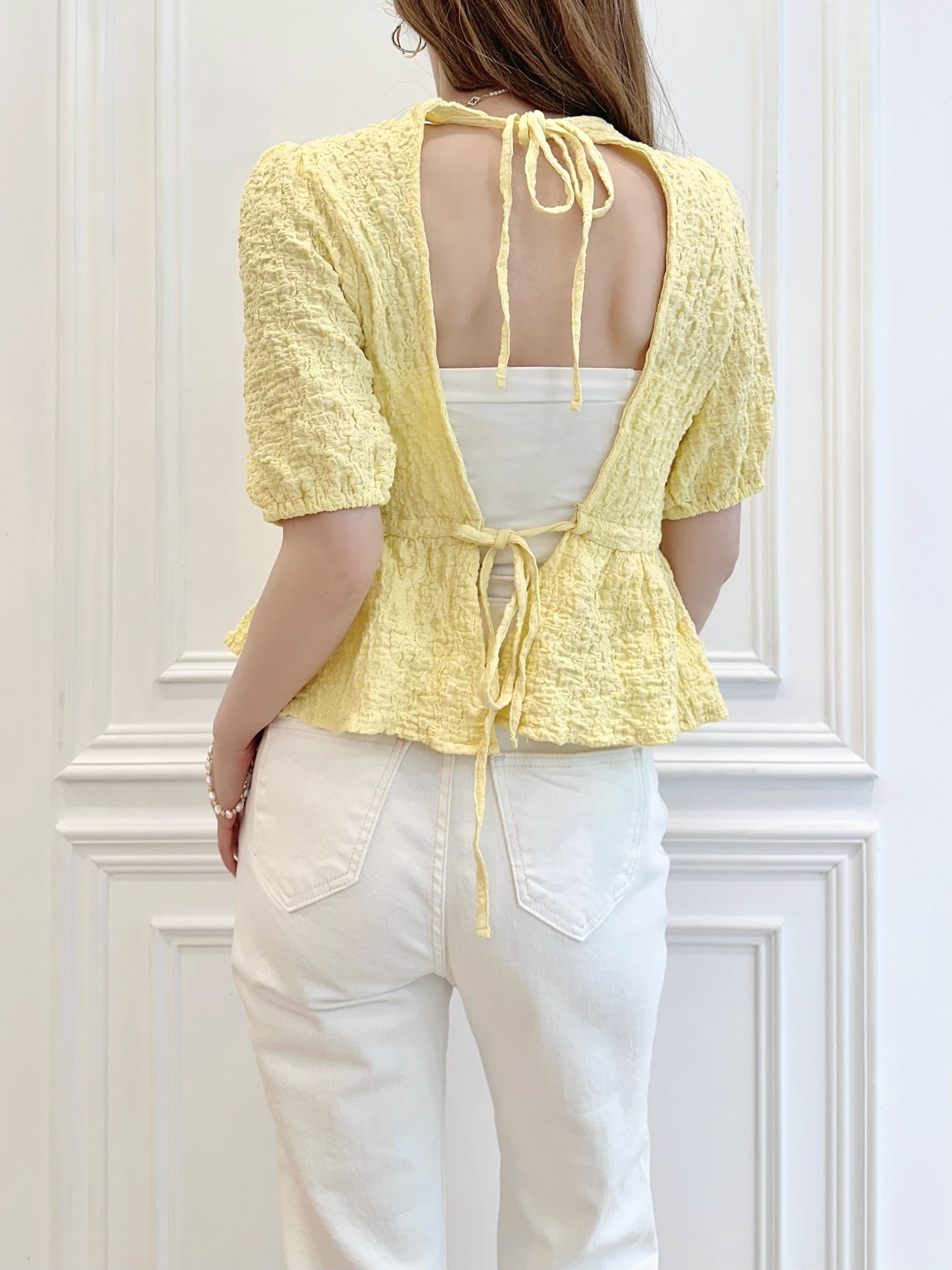 揉皺澎袖後綁帶露背上衣