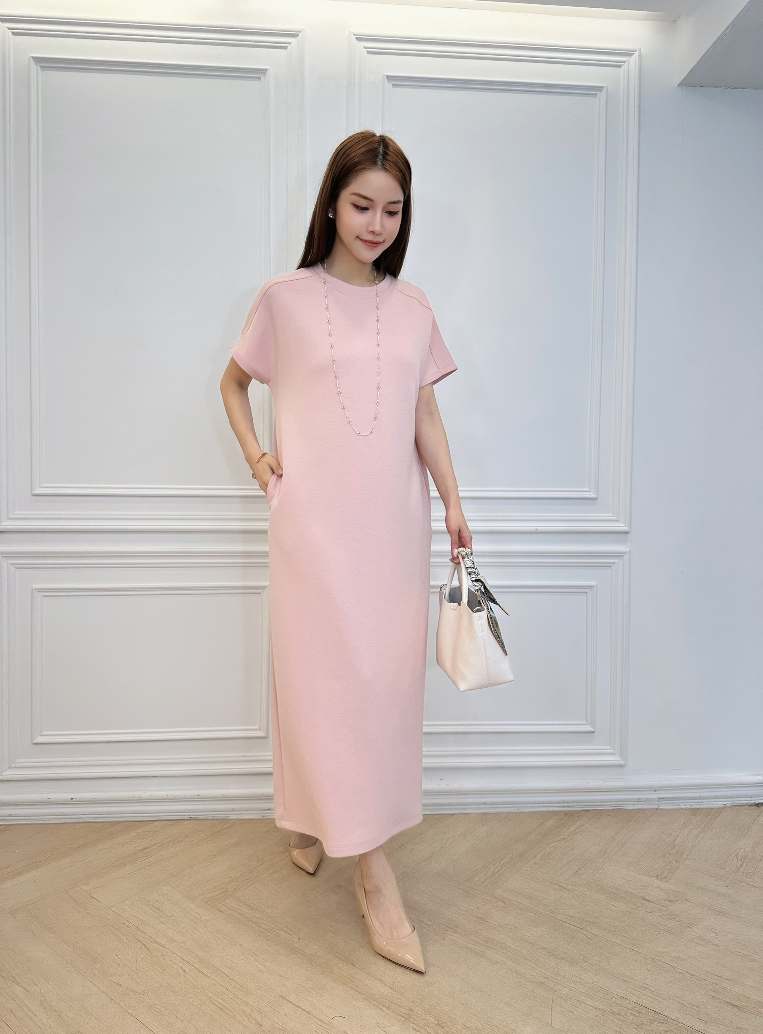 彈性棉後開衩短袖洋