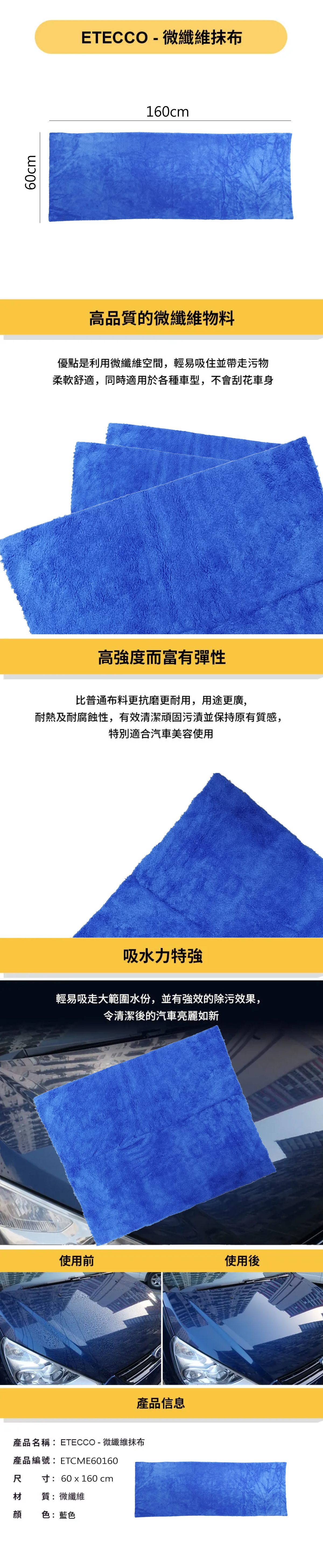 ETECCO 藍色珊瑚絨吸水抹布(60 x 160cm)