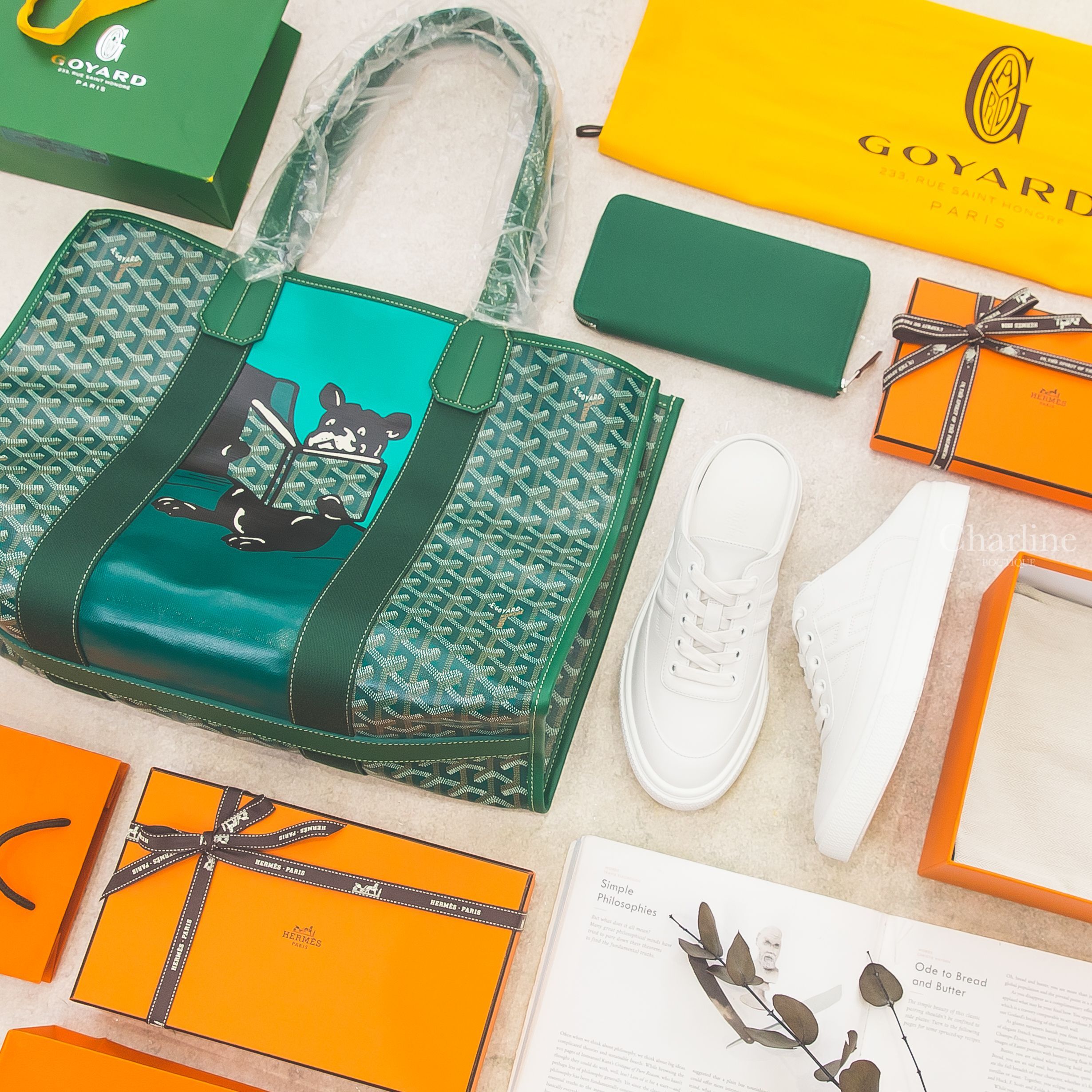 Hermès Keep Sneaker 白色側面H小牛皮運動穆勒鞋,Hermès 寶石綠絲巾拉鍊長夾,Goyard Villette Tote Bag MM 綠色法鬥托特包-Charline Boutique 精品代購