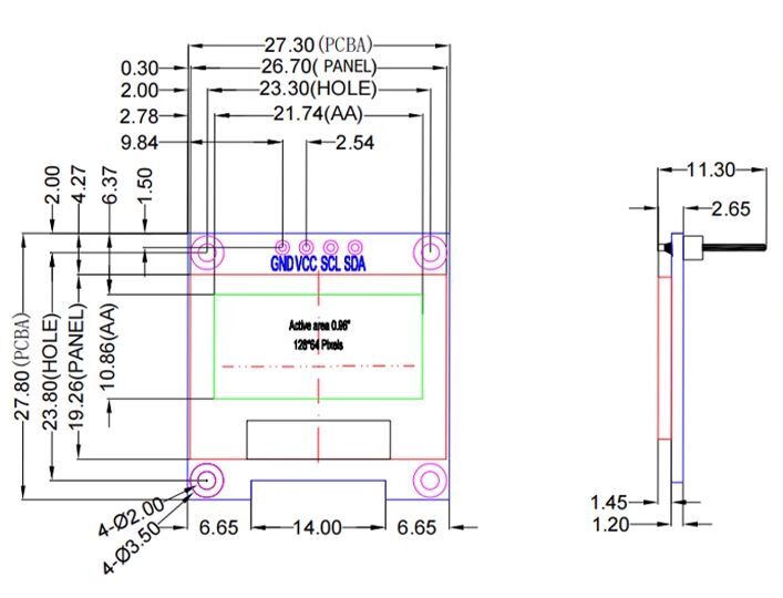 0.96吋 OLED 顯示螢幕,尺寸規格