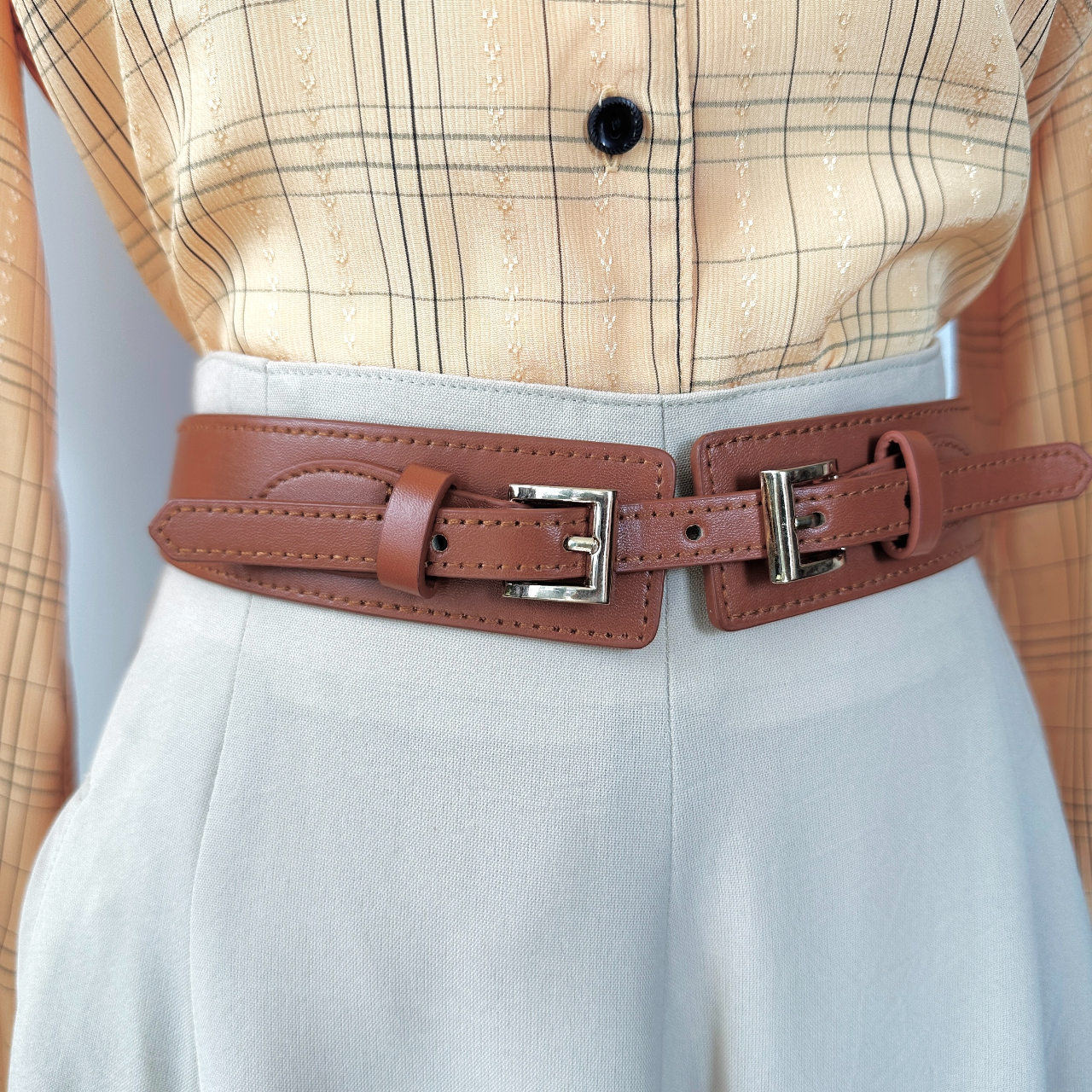 焦糖啡色雙扣橡根腰帶