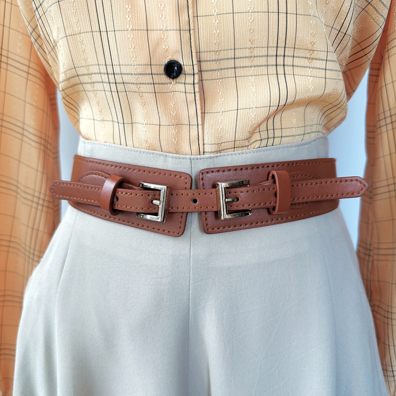 焦糖啡色雙扣橡根腰帶