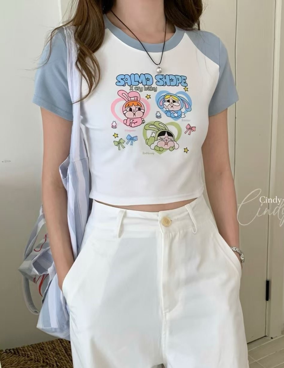 袖撞色愛心哭娃短版衣