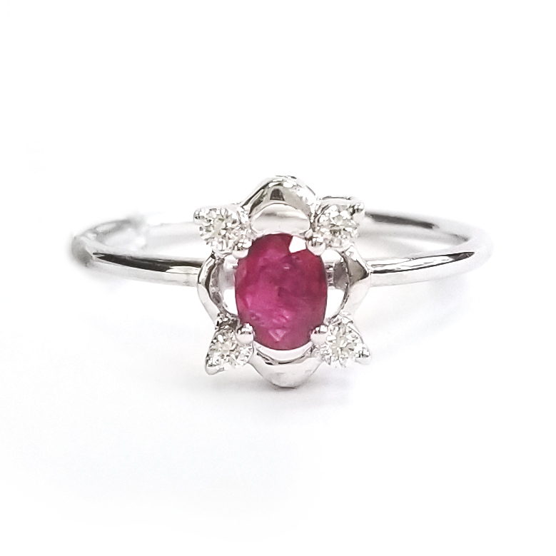 18K白金天然鑽石輕巧紅寶石戒指