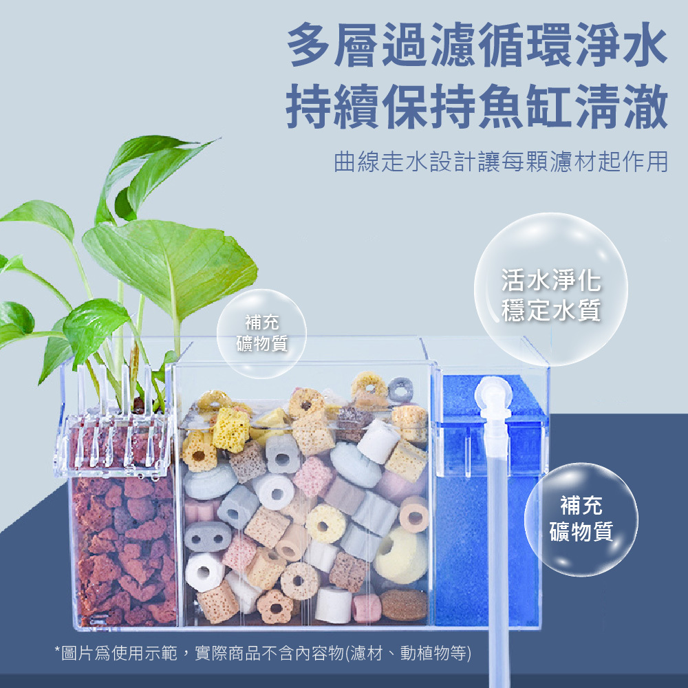曲線走水設計確保每層濾材充分發揮作用，持續穩定淨化水質，維持魚缸清澈健康