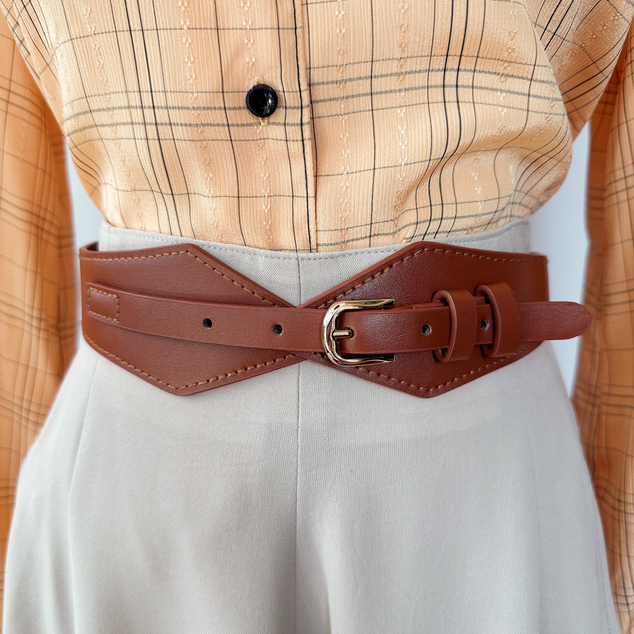焦糖啡尖角單扣橡筋腰帶
