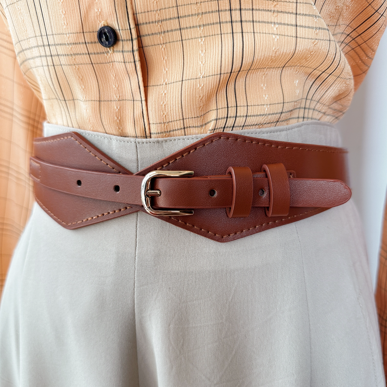 焦糖啡尖角單扣橡筋腰帶