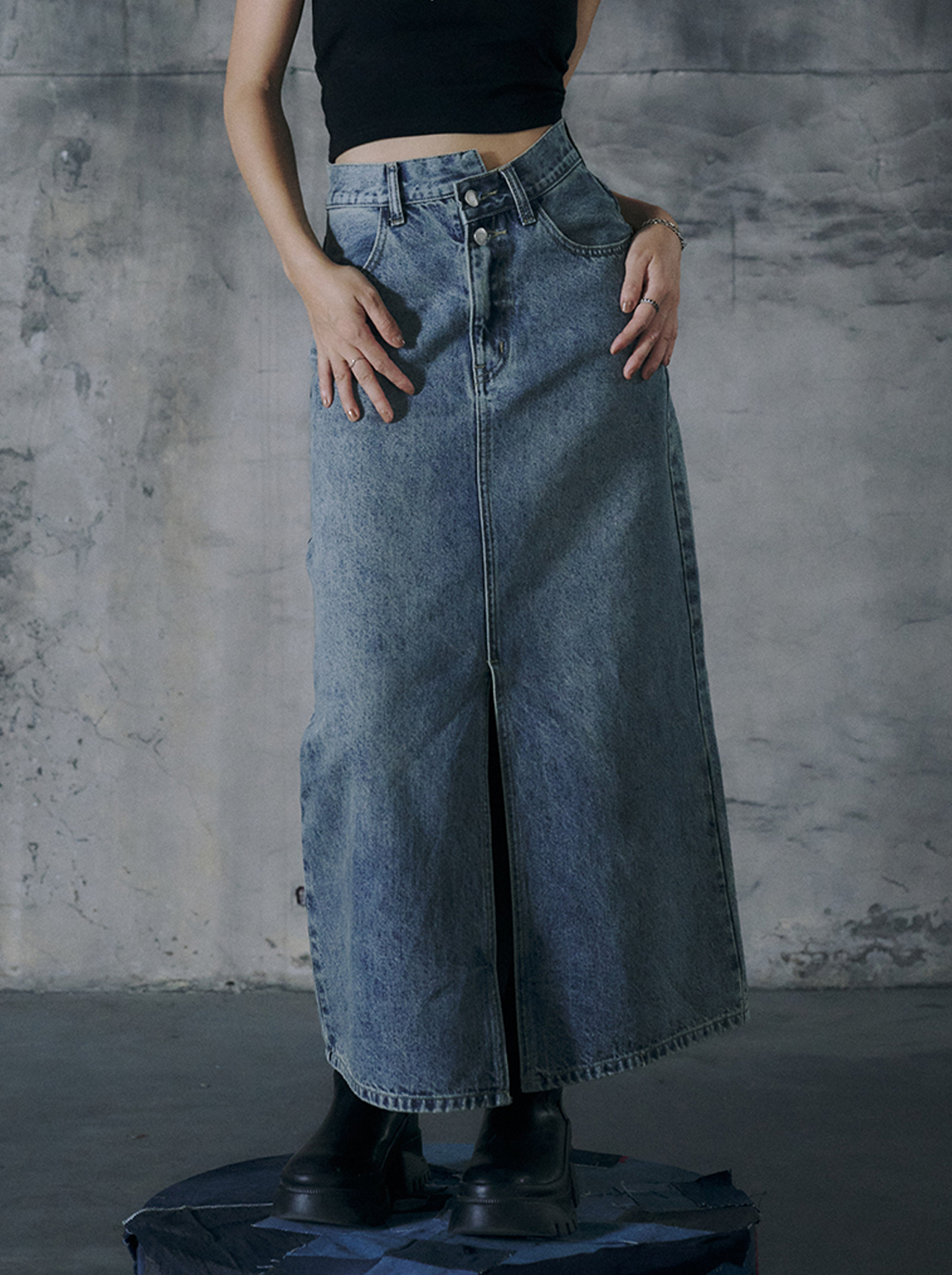 復古水洗前開衩牛仔長裙