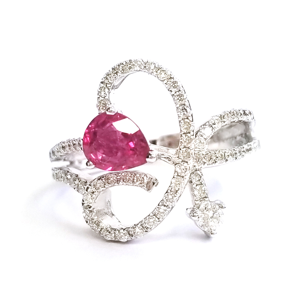 18K白金天然鑽石紅寶石戒指