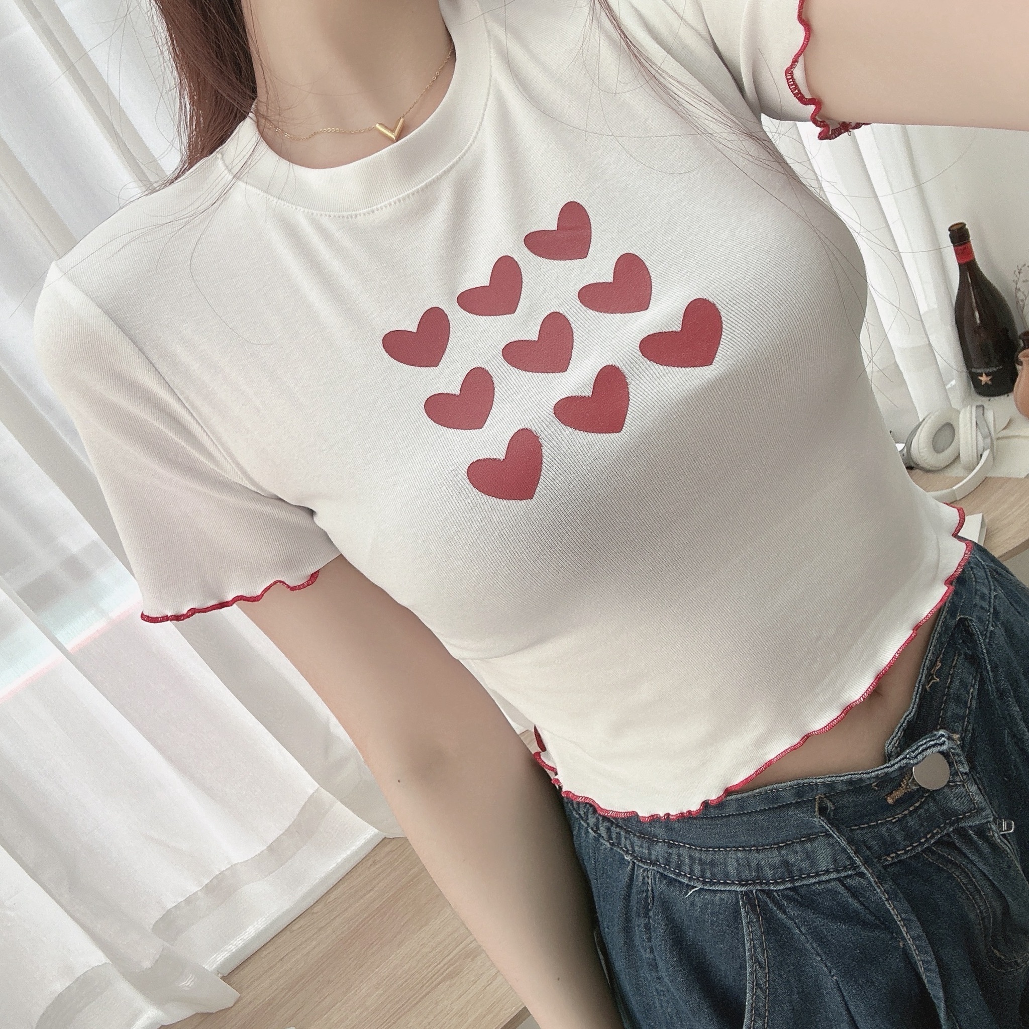 愛心小花邊棉TEE/三色