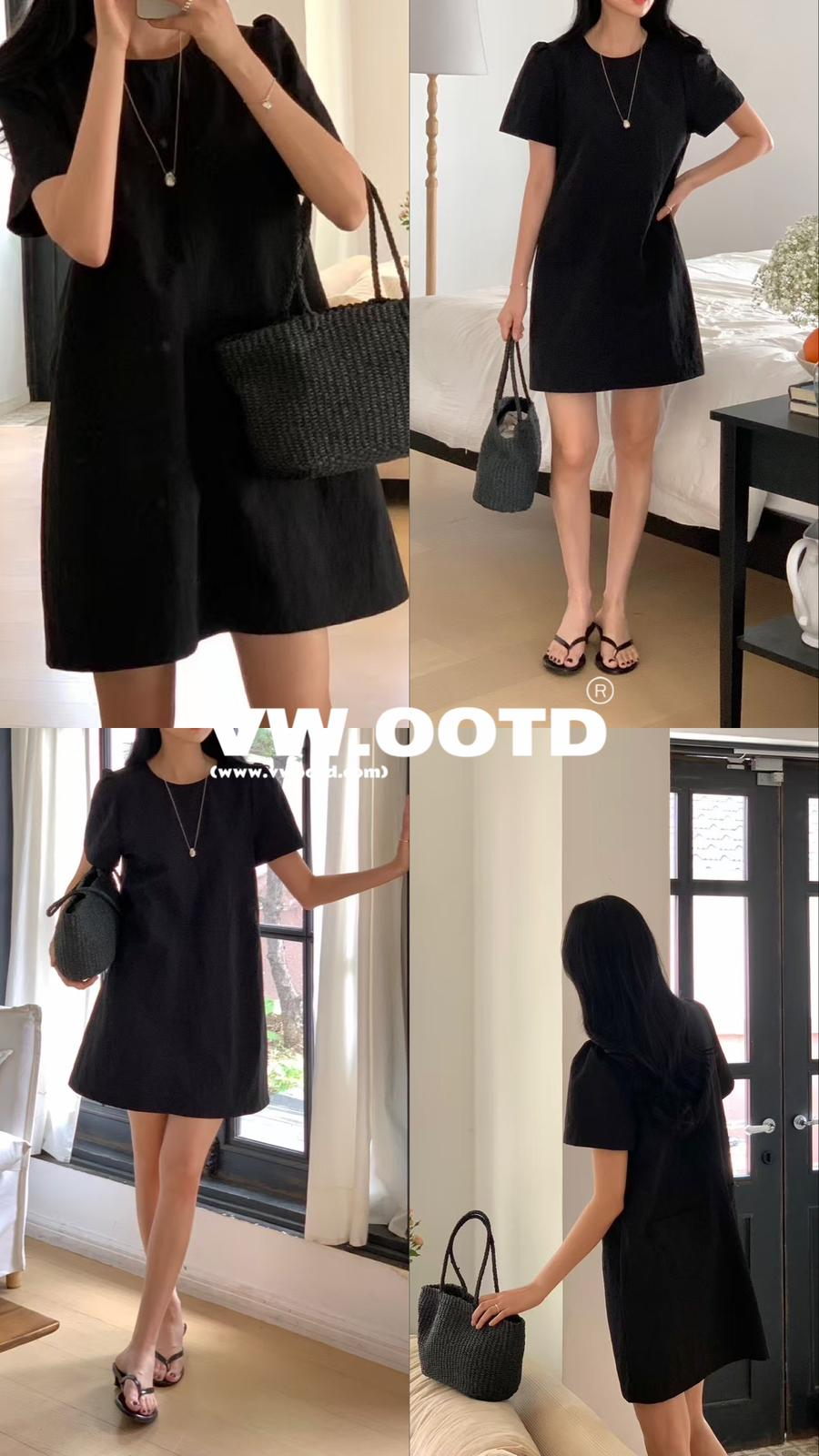 十字圓領短袖連身裙(黑色)
