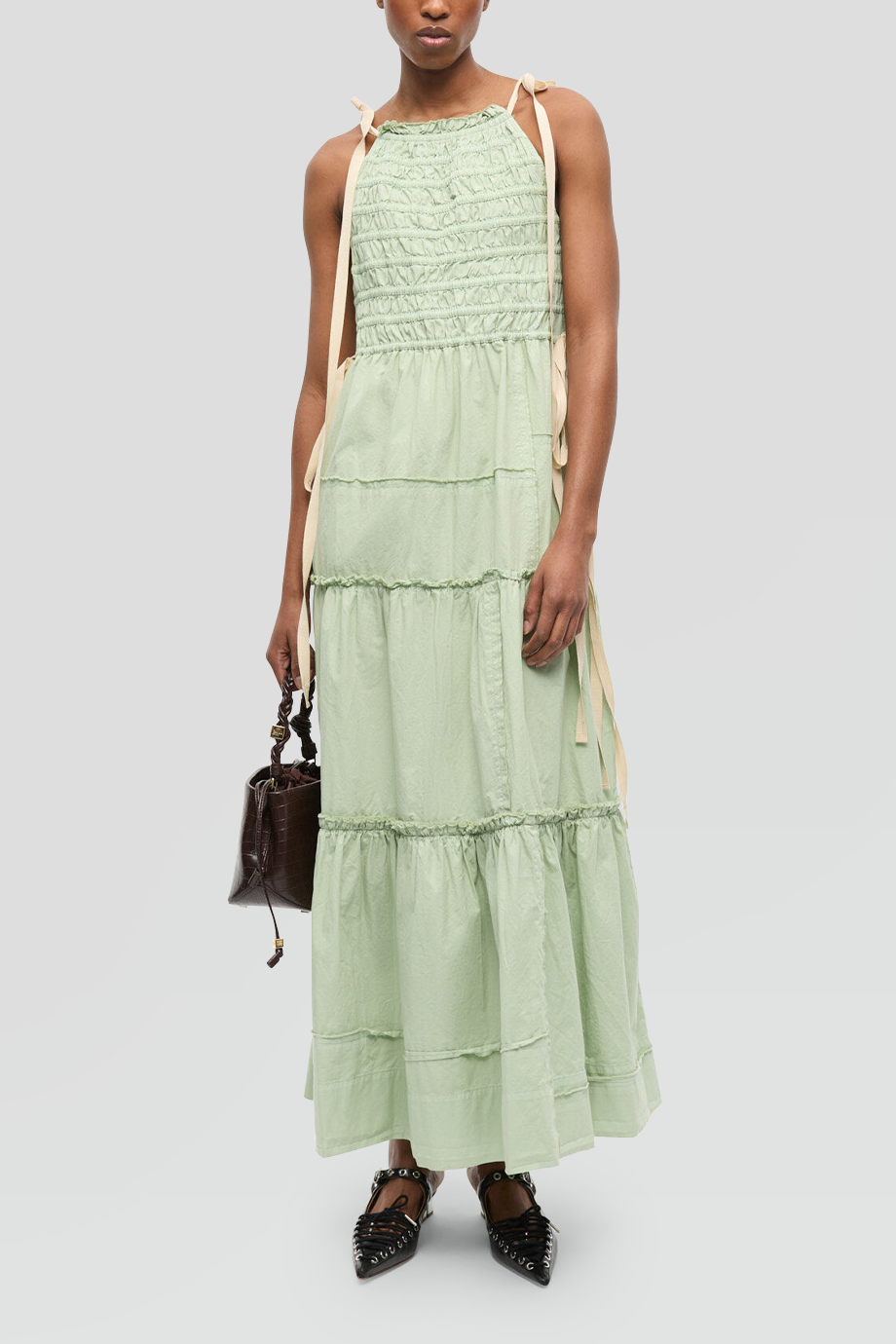 GANNI｜SMOCK 繫帶肩帶縮褶長洋裝