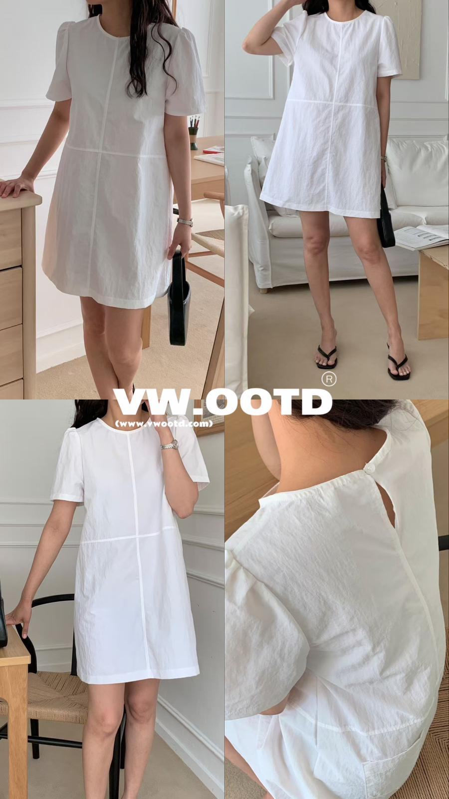 十字圓領短袖連身裙(白色)