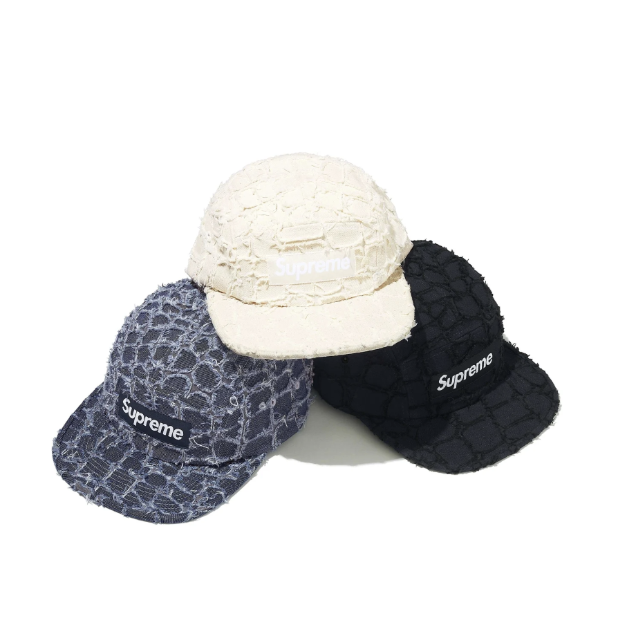 SUPREME FRAYED CROC DENIM CAMP CAP 毛邊 破壞 單寧帽 藍色/黑色/白色-SS25H5