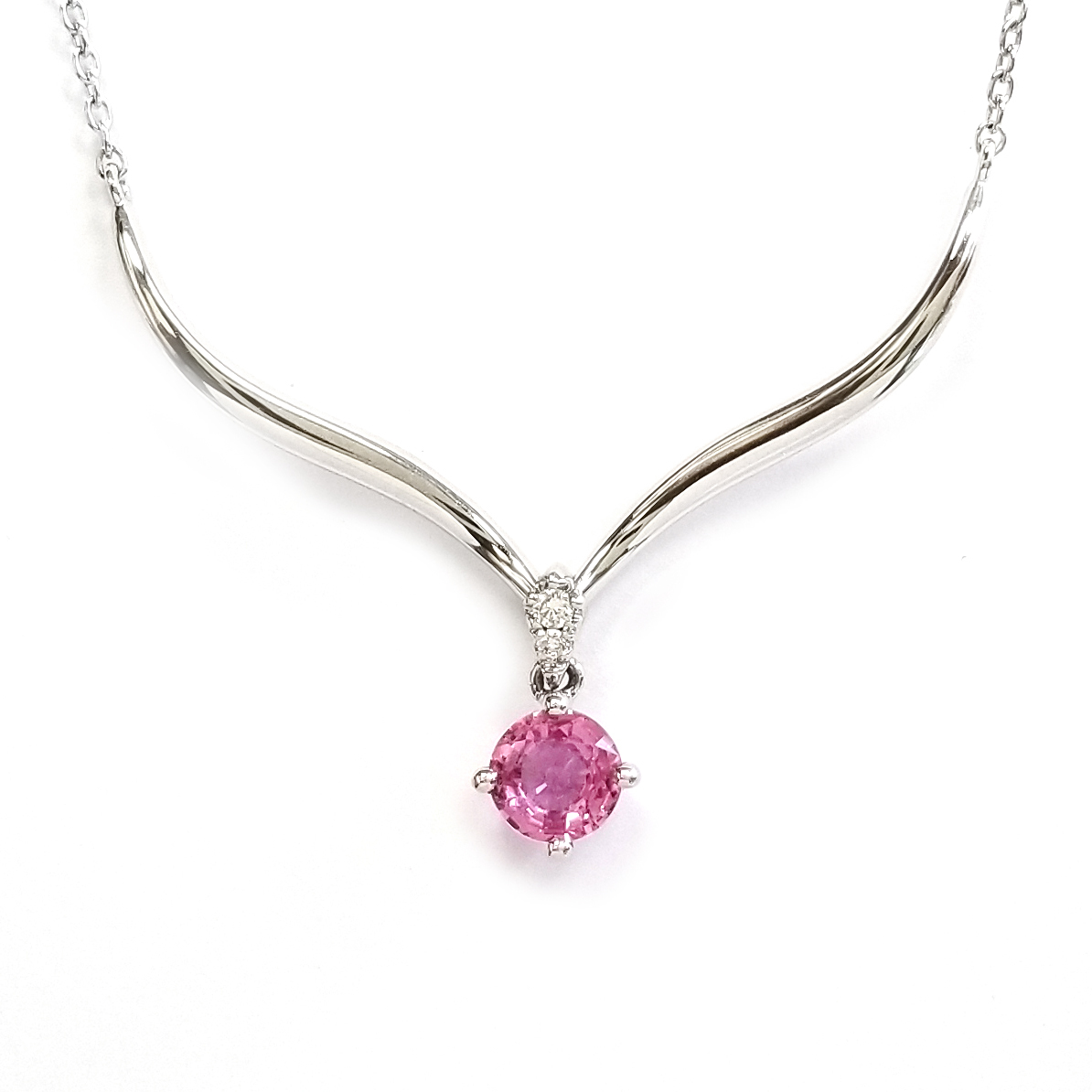 18K白金天然鑽石粉紅寶石吊墜 配 頸鏈