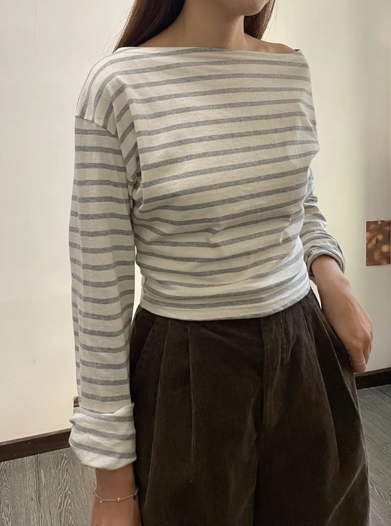❲現貨❳ 日常必備，一字領條紋修腰上衣 (3色)