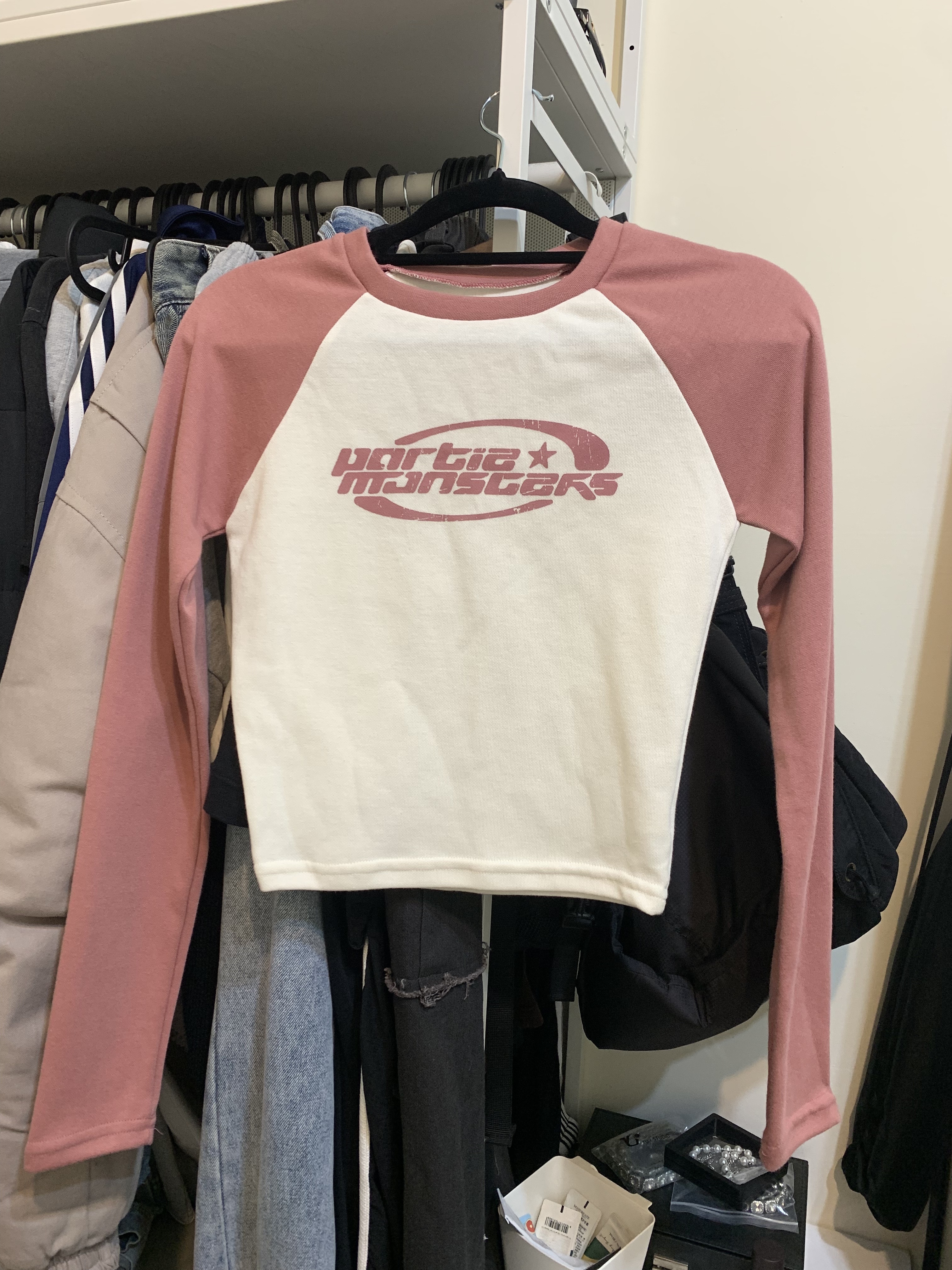 純棉 拼色 短版 長袖上衣