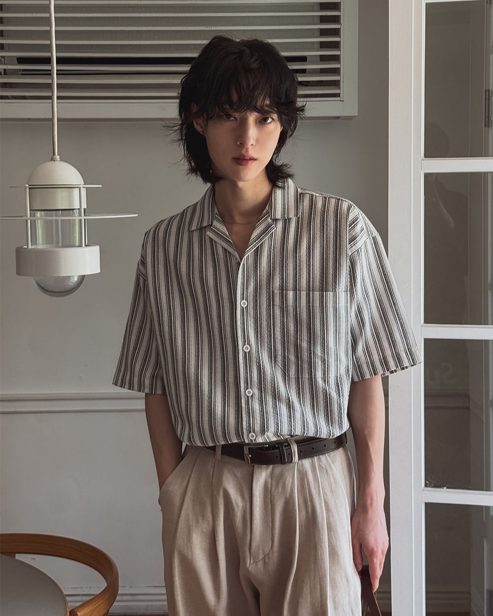 拼接多條紋亞麻襯衫