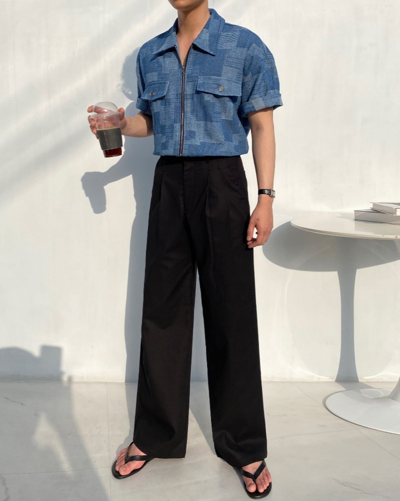 泡沫牛仔格紋拉鍊短袖襯衫外套