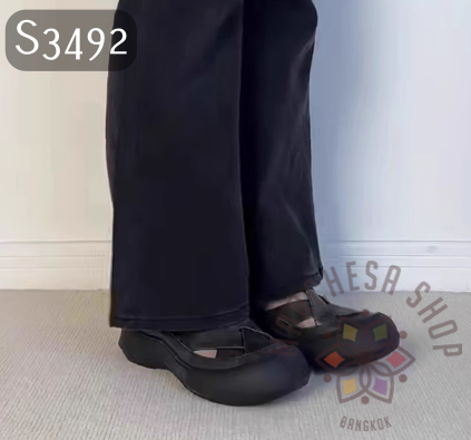 S3492 - 頭層小羊皮水磨粗帶厚底圓頭鞋