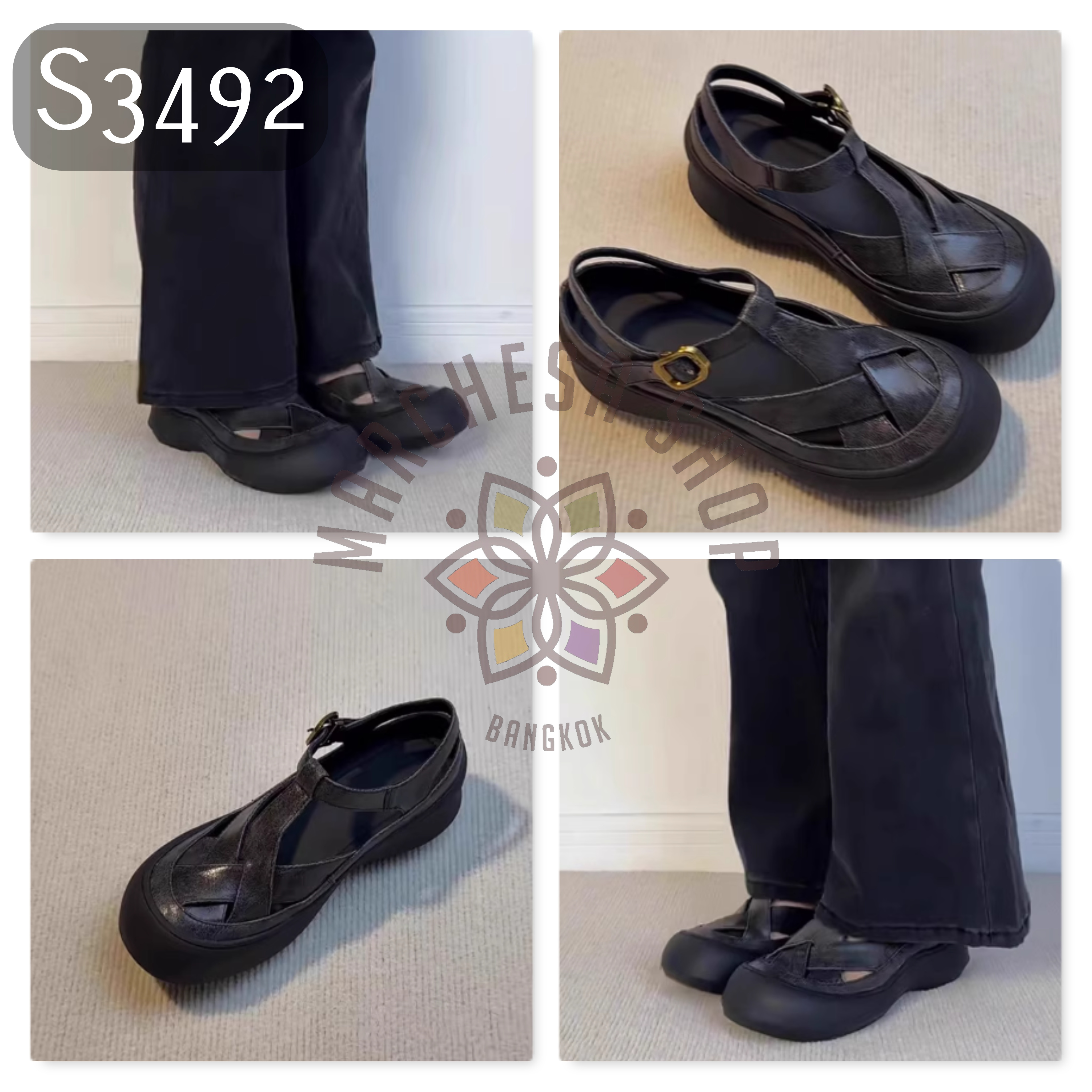 S3492 - 頭層小羊皮水磨粗帶厚底圓頭鞋