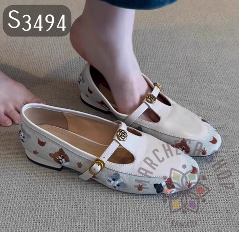 S3494 - 頭層小羊拼布貓貓刺繡平底鞋