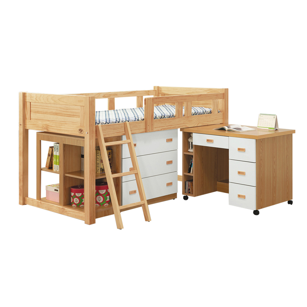 威森3.5尺單人多功能雙層/高層床組(床架+三斗櫃+開放櫃+活動式書桌)