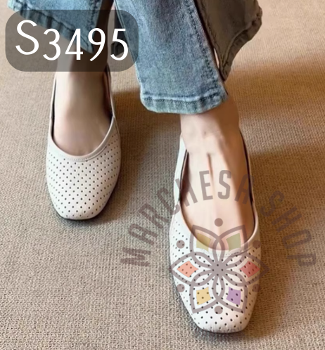 S3495 - 頭層小羊透氣鏤空圓頭平底鞋