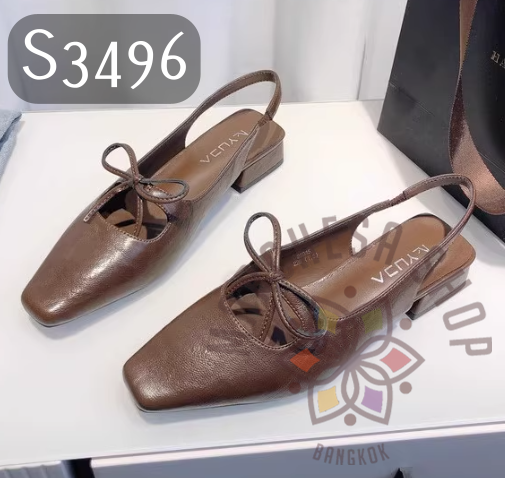 S3496 - 牛皮中空蝴蝶結方頭高踭涼鞋