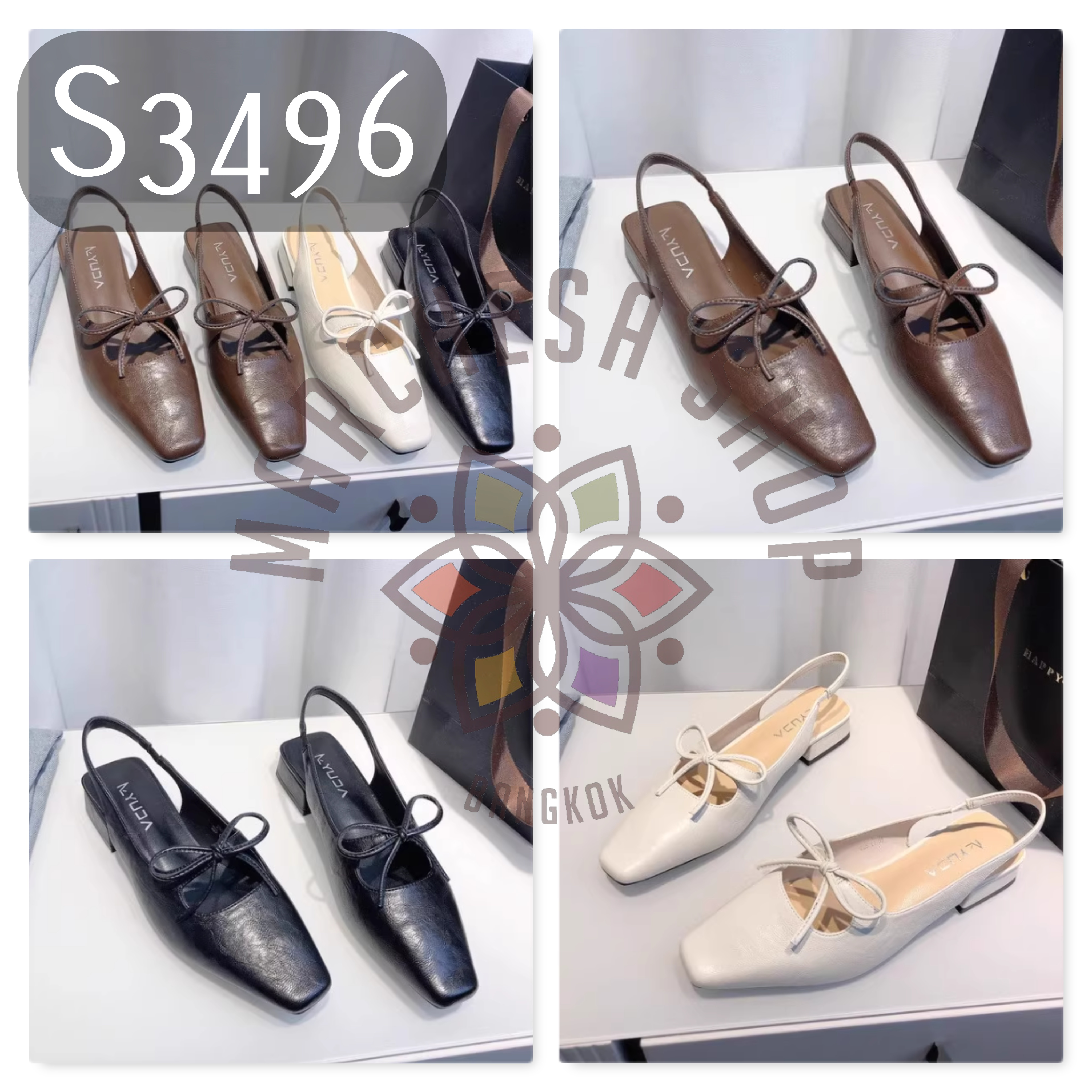 S3496 - 牛皮中空蝴蝶結方頭高踭涼鞋