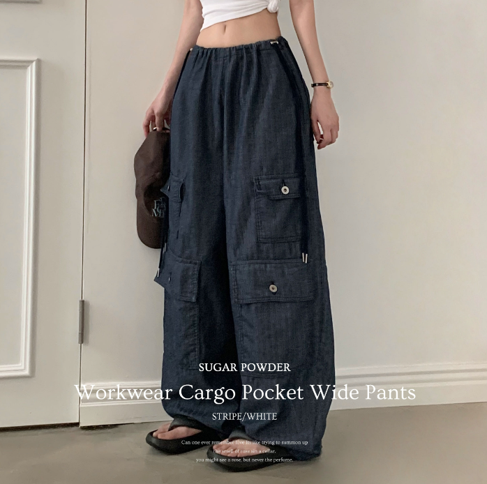 夏季預訂｜不褪色繫帶寬長工裝褲